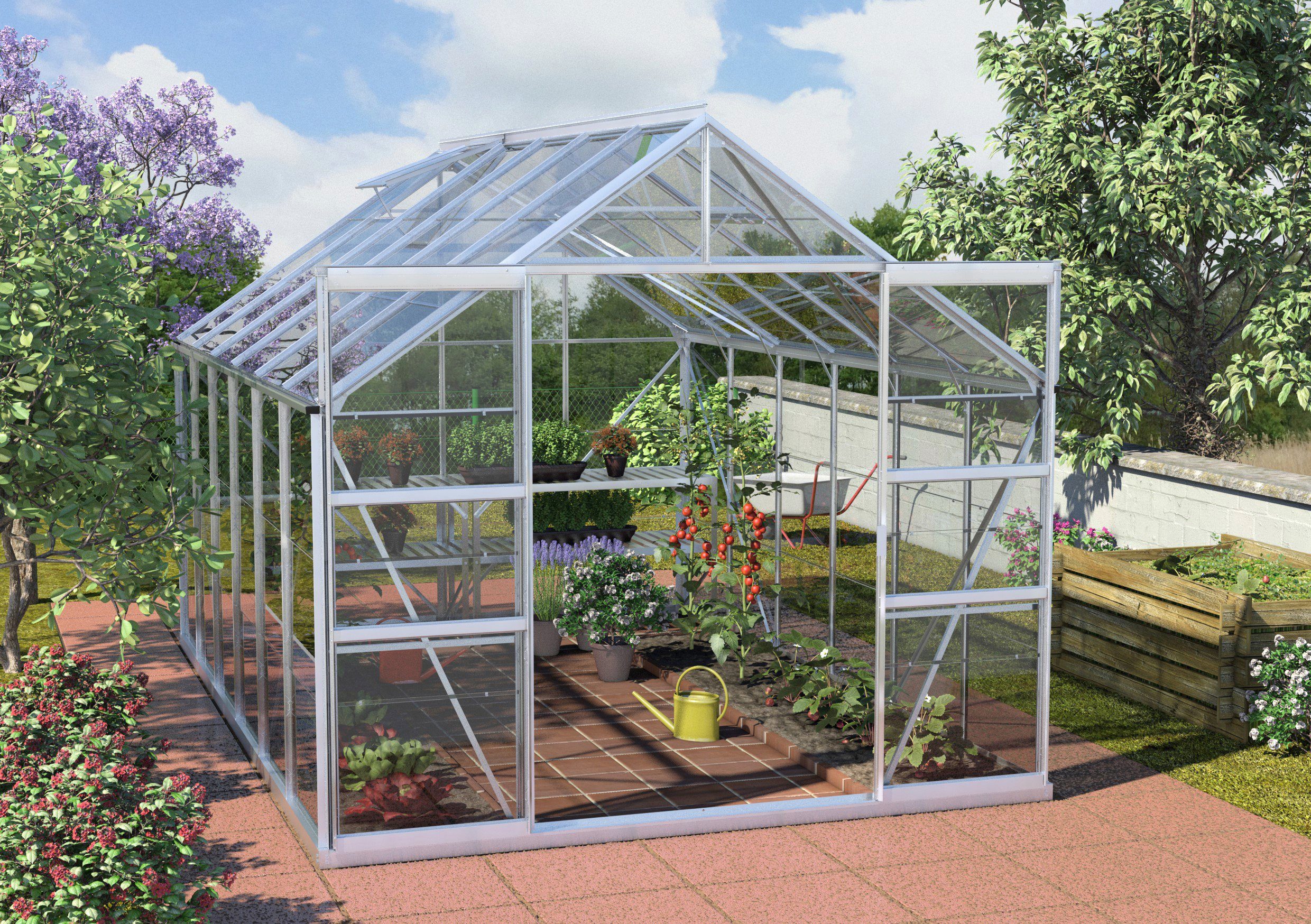 KONIFERA Gewächshaus Calisto 9900, BxTxH: 257 x 383 x 232 cm, 3 mm Wandstärke, Set, mit Fundamentrahmen, Sicherheitsglas silberfarben | Rabatt: 15%