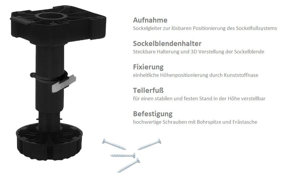 kuechenkonsum Möbelfuß Möbelfuß 200 mm höhenverstellbar 190-218 mm Kunststoff schwarz 4x, (Satz, 4-St), 4x Stellfuß 200 mm verstellbar 190-218 mm – Bild 3 von 5
