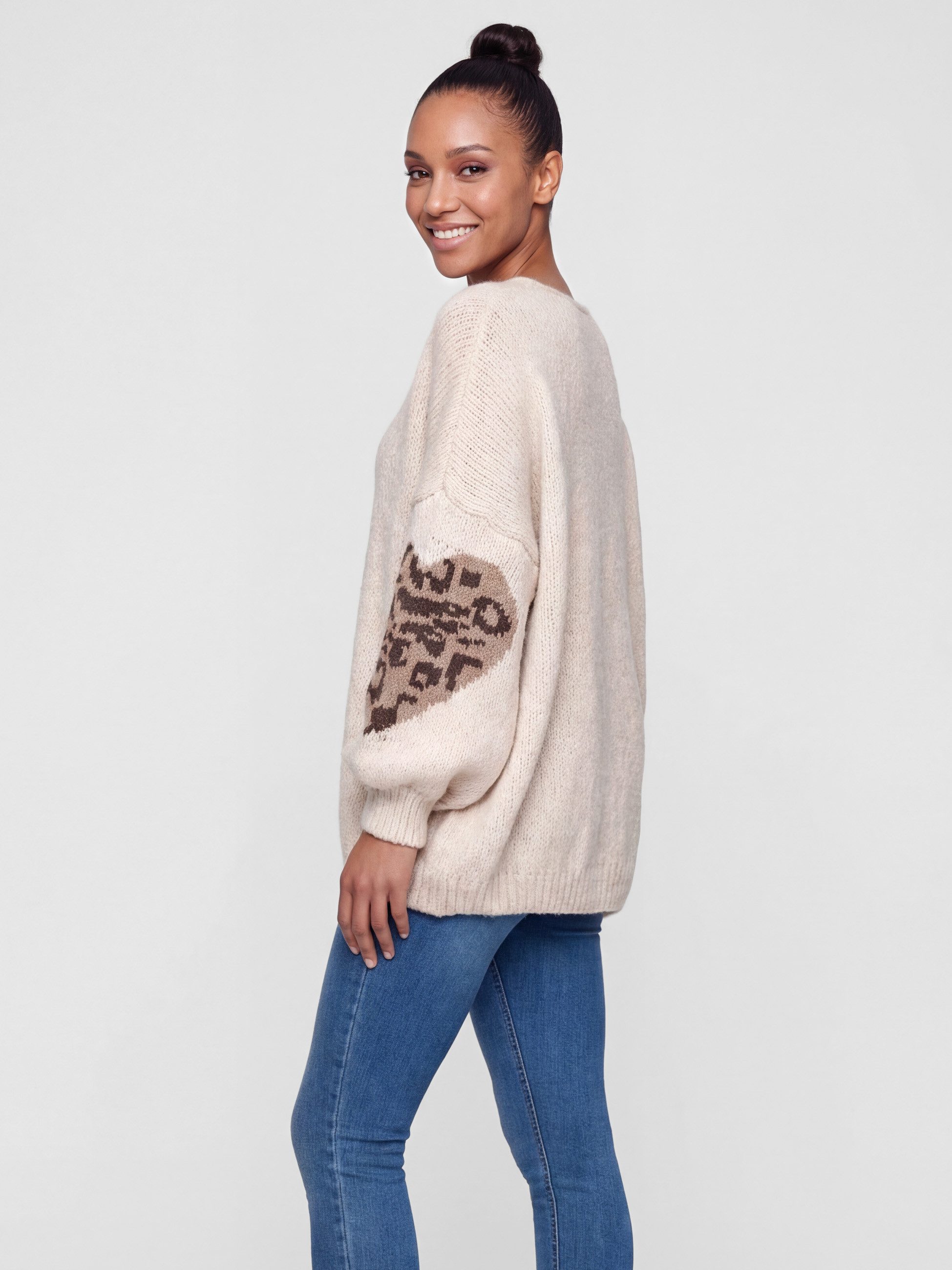 PEKIVESSA Strickpullover Oversized Pullover mit V-Ausschnitt Ärmel mit Herz-Motiv und Leopardenmuster