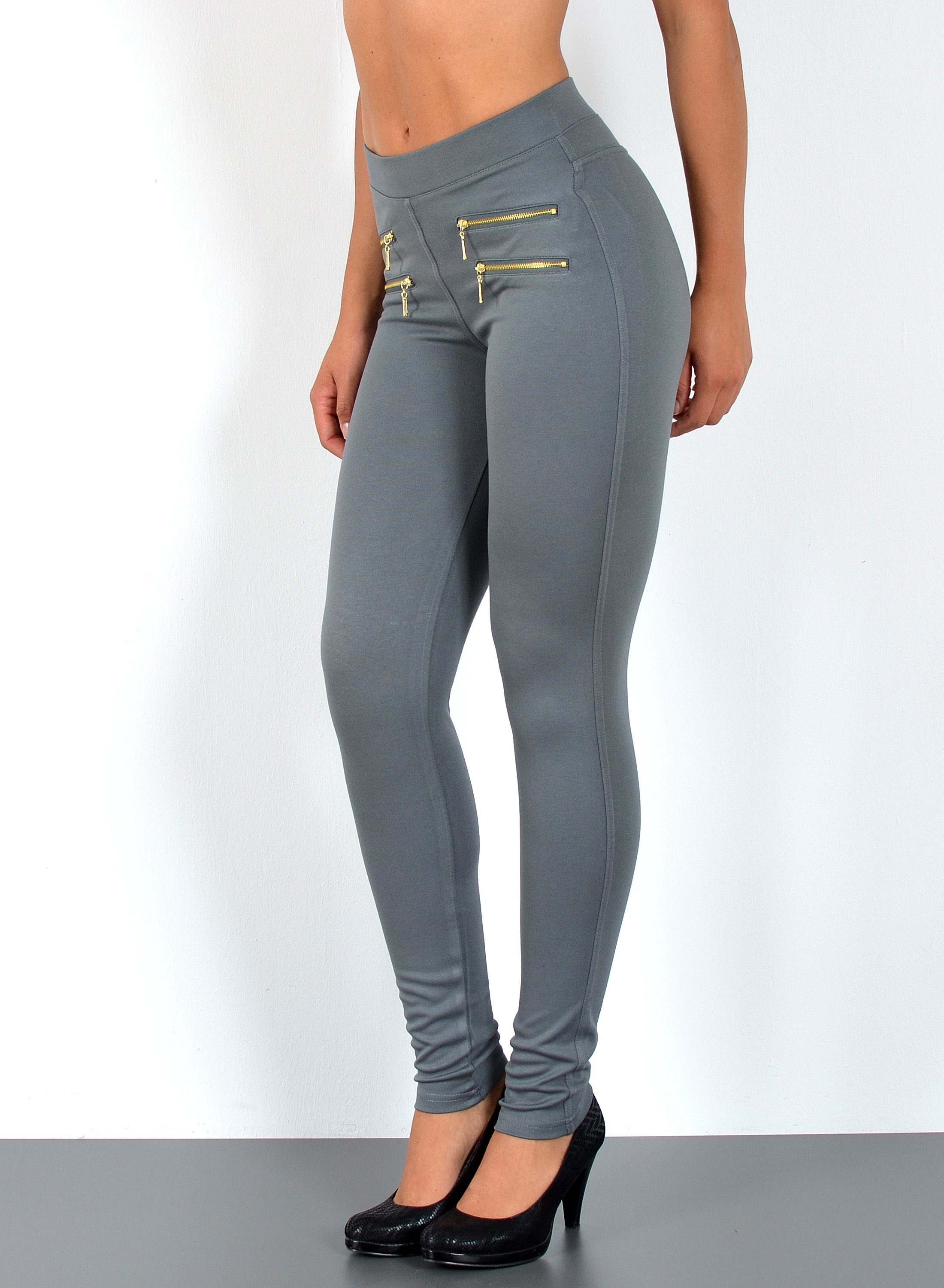 ESRA Stretch-Hose J189 und Grau bis Größen, Leibhöhe Übergröße Treggings Große Gummi-Bund Bund, / High Damen Stretch-Hose Hoch-Bund, mit Hose enge Hose Sehr bis Skinny Stretch mit elastischem hohe Damen Plussize, Waist Damen