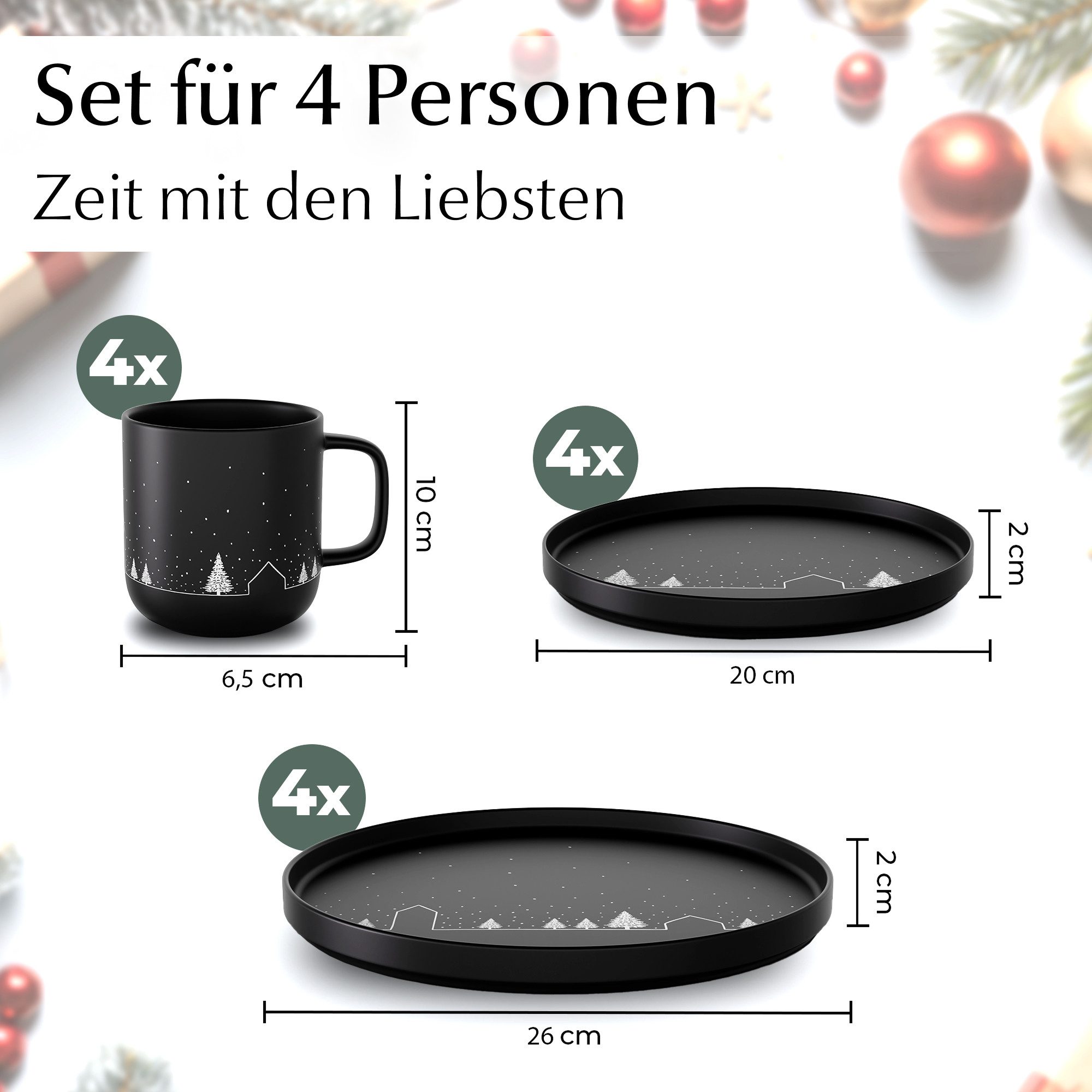 MiaMio Tafelservice Vinter matte Glasur, Schwarz (12-tlg), 4 Personen, Keramik, 12-teilig, matte schwarze Glasur