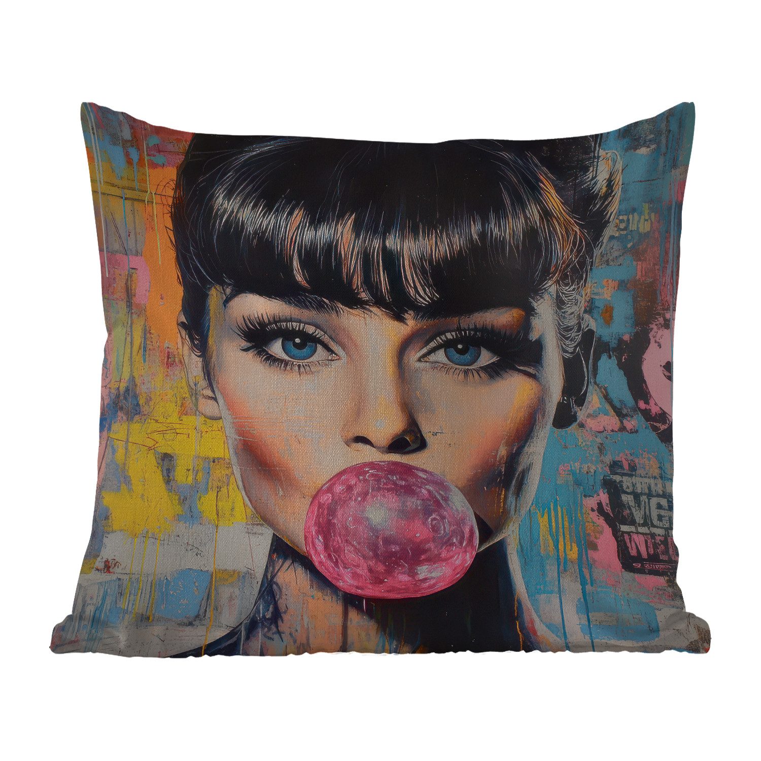 MuchoWow Dekokissen Kaugummi - Frau - Pinselstriche - Modern, Kissenbezüge, Kissenhülle, Kissen, Outdoor, 40x40 cm