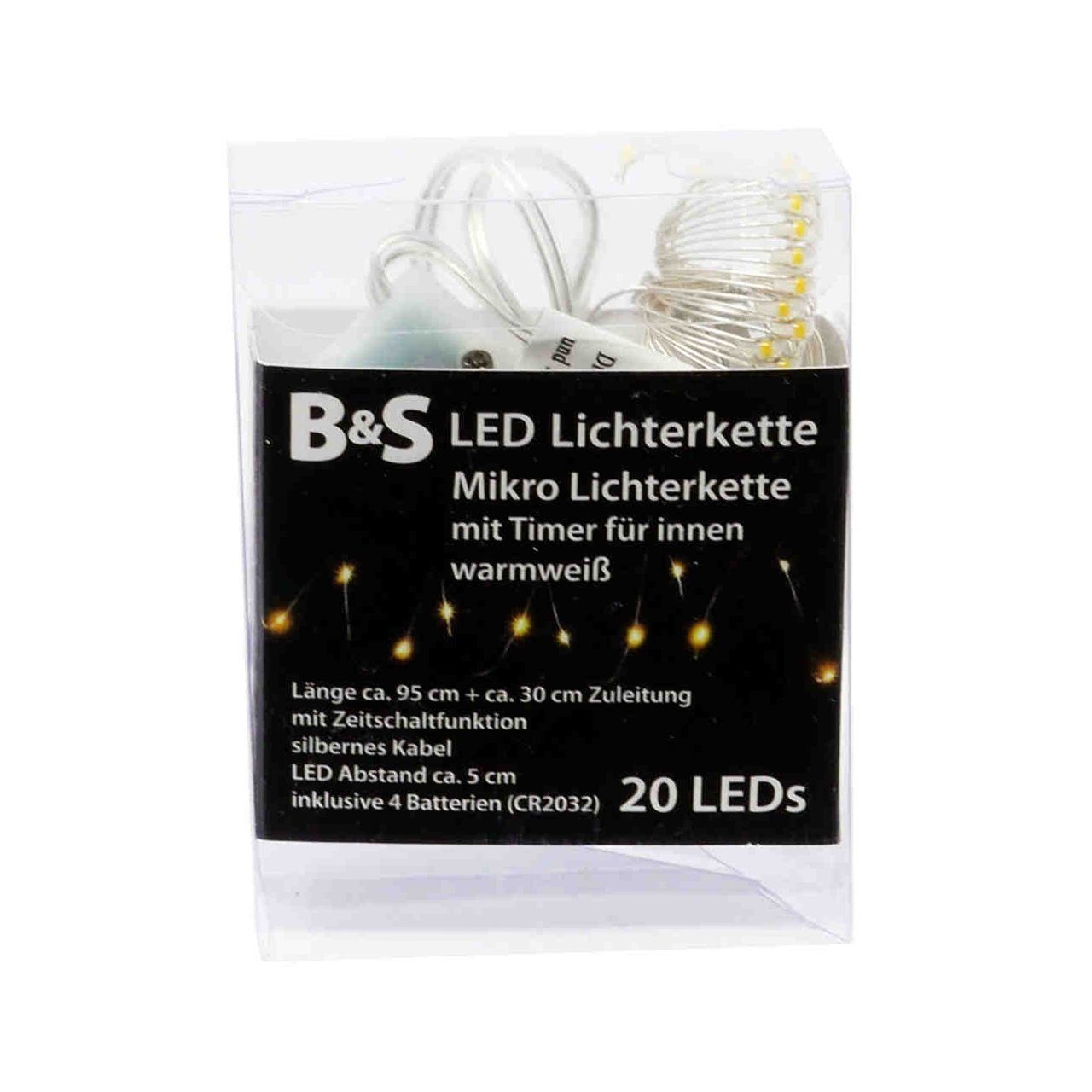 B&S LED-Lichterkette LED Batterie Mikro Lichterkette mit 20 LEDs warmweiß Innenbereich