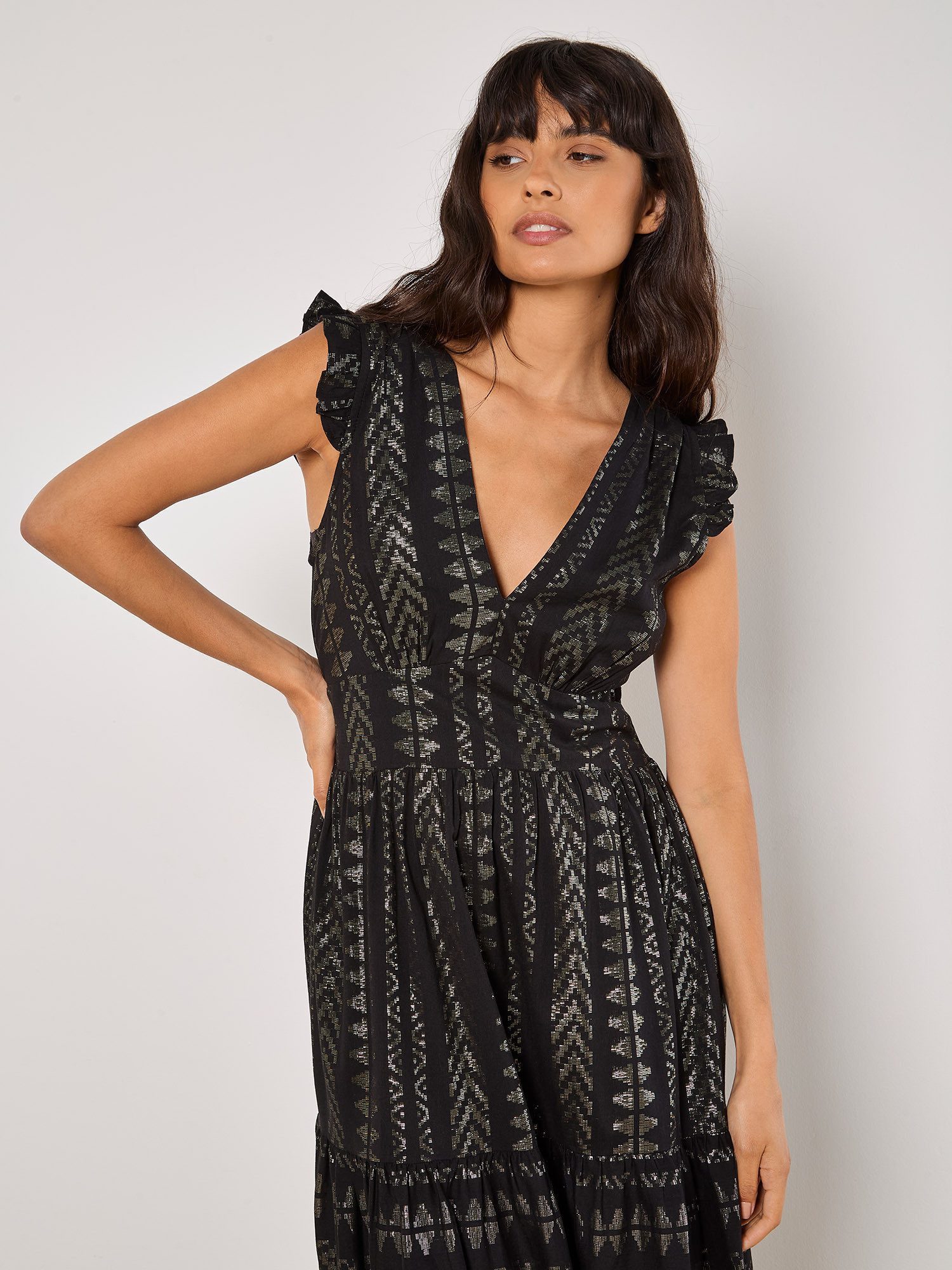 Apricot Maxikleid Ruffle Hem Maxi Dress Rüschen an den Schultern, Sommerkleid