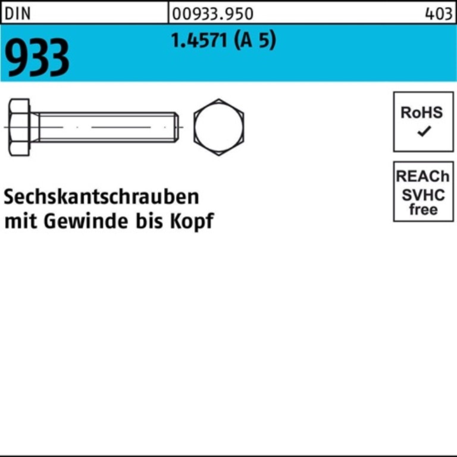 Reyher Sechskantschraube 100er Pack Sechskantschraube DIN 933 VG M20x 70 A 5 1 Stück DIN 933 1