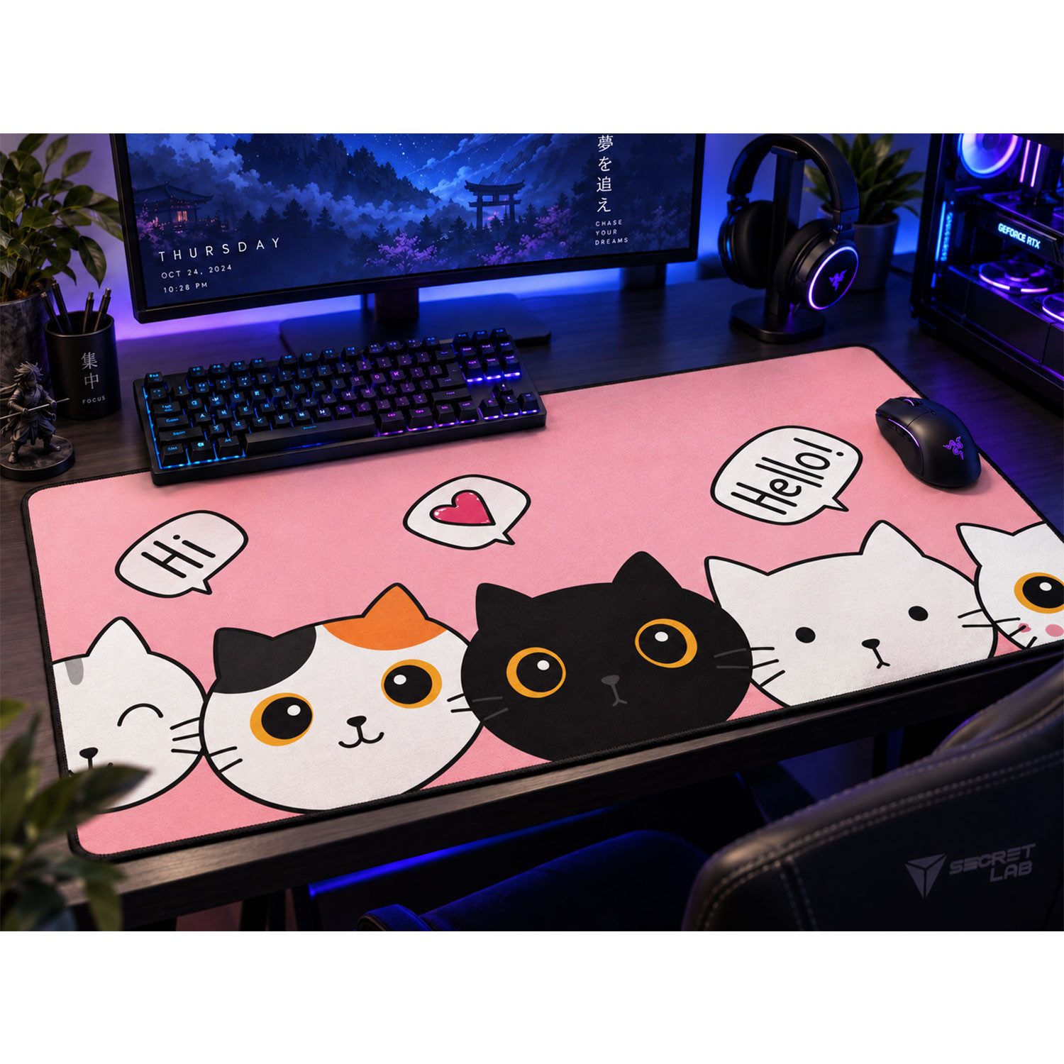 Jungengel Gaming Mauspad Mousepad XL Hello Sweet Cat Schreibtischunterlage Katzen Design Pink (1-teilig, 1-St., 1x XL Mousepad, rosa Katzenmotiv), 70x30cm, antirutsch, pflegeleicht, hochwertige Auflösung, 3mm
