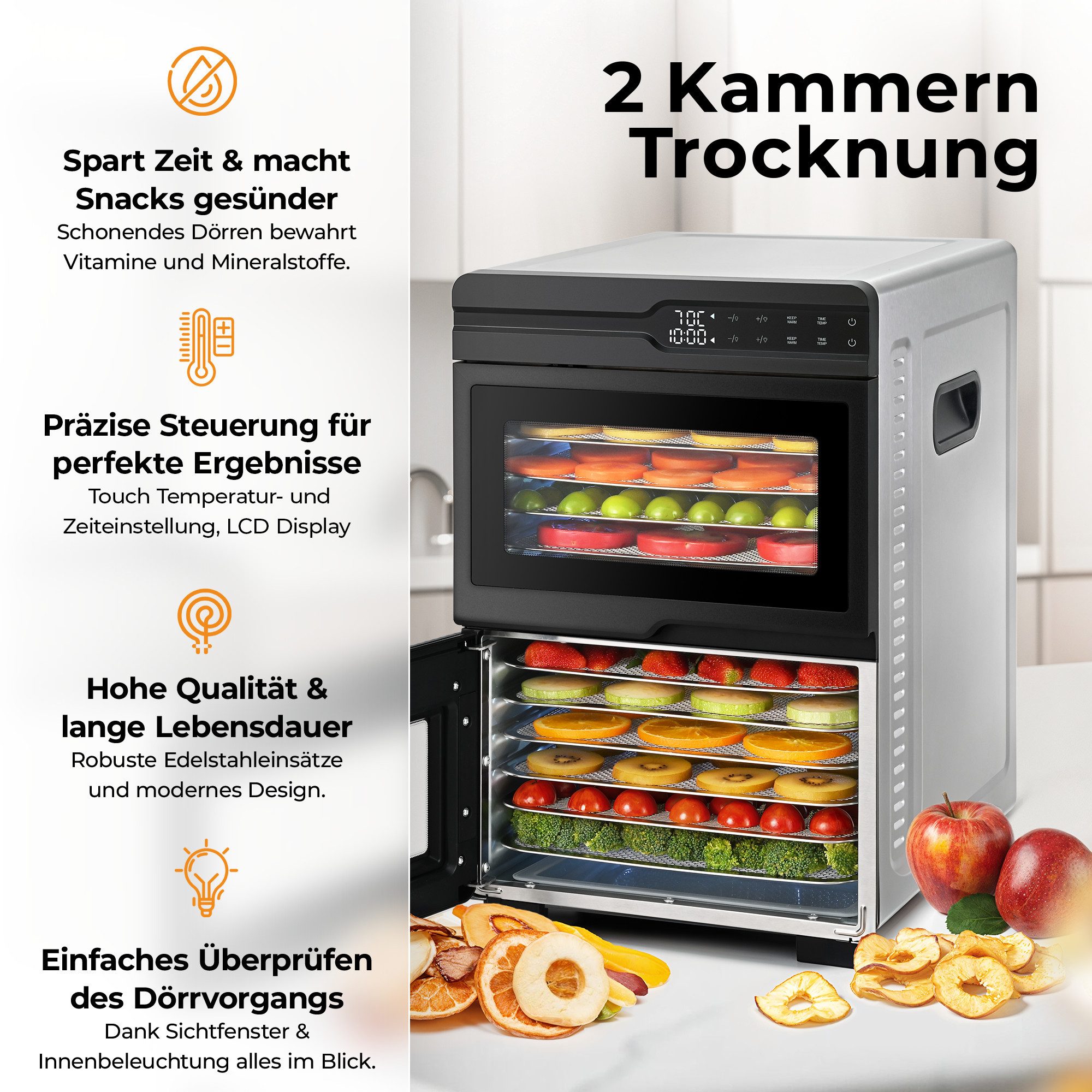 Balter Dörrautomat Edelstahl mit 2 Kammern & 12 Etagen, 1000 W, 8800 cm² Dörrfläche 1000 W, 12 Etagen
