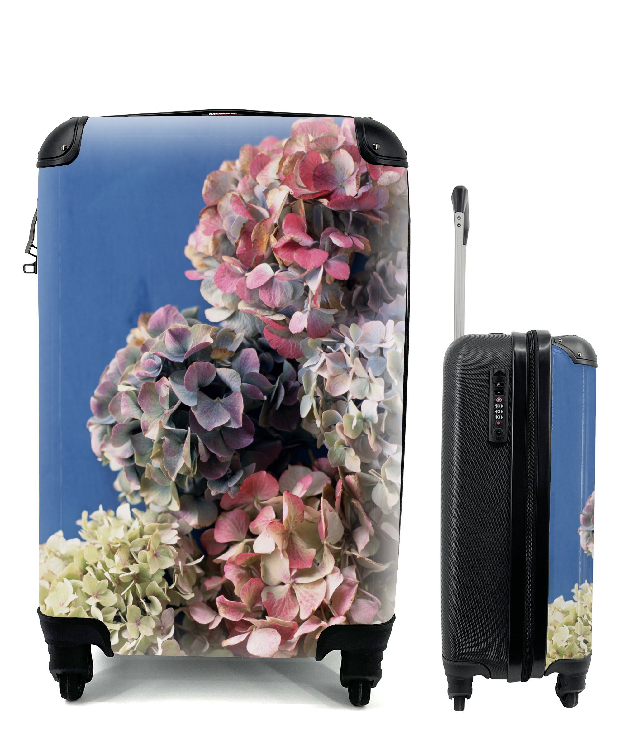 MuchoWow Handgepäckkoffer Hortensien blauer Hintergrund, 4 Rollen, Reisetasche mit rollen, Handgepäck für Ferien, Trolley, Reisekoffer