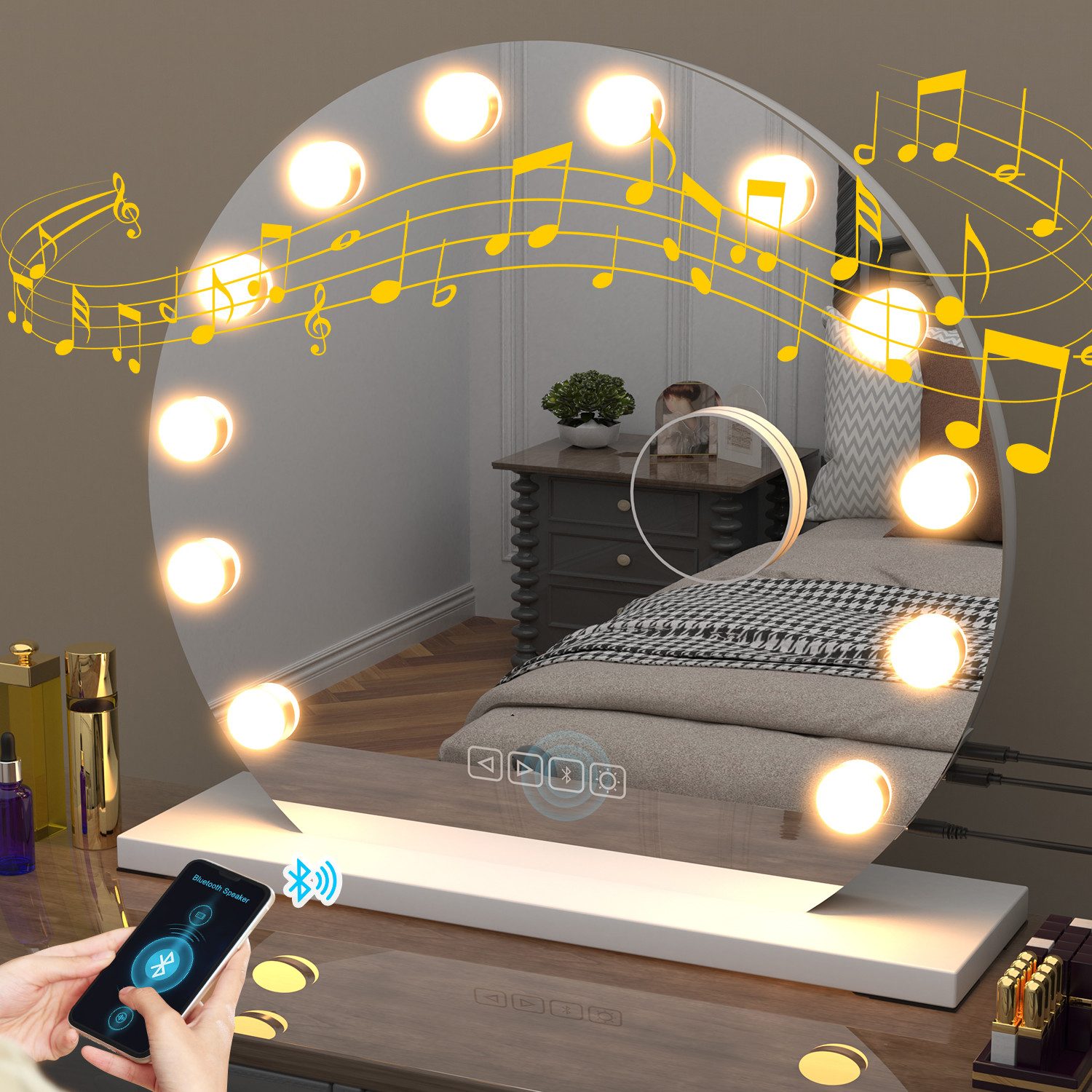 Schminkspiegel Bluetooth Hollywood Spiegel mit 12 LED Licht, Wandspiegel mit USB