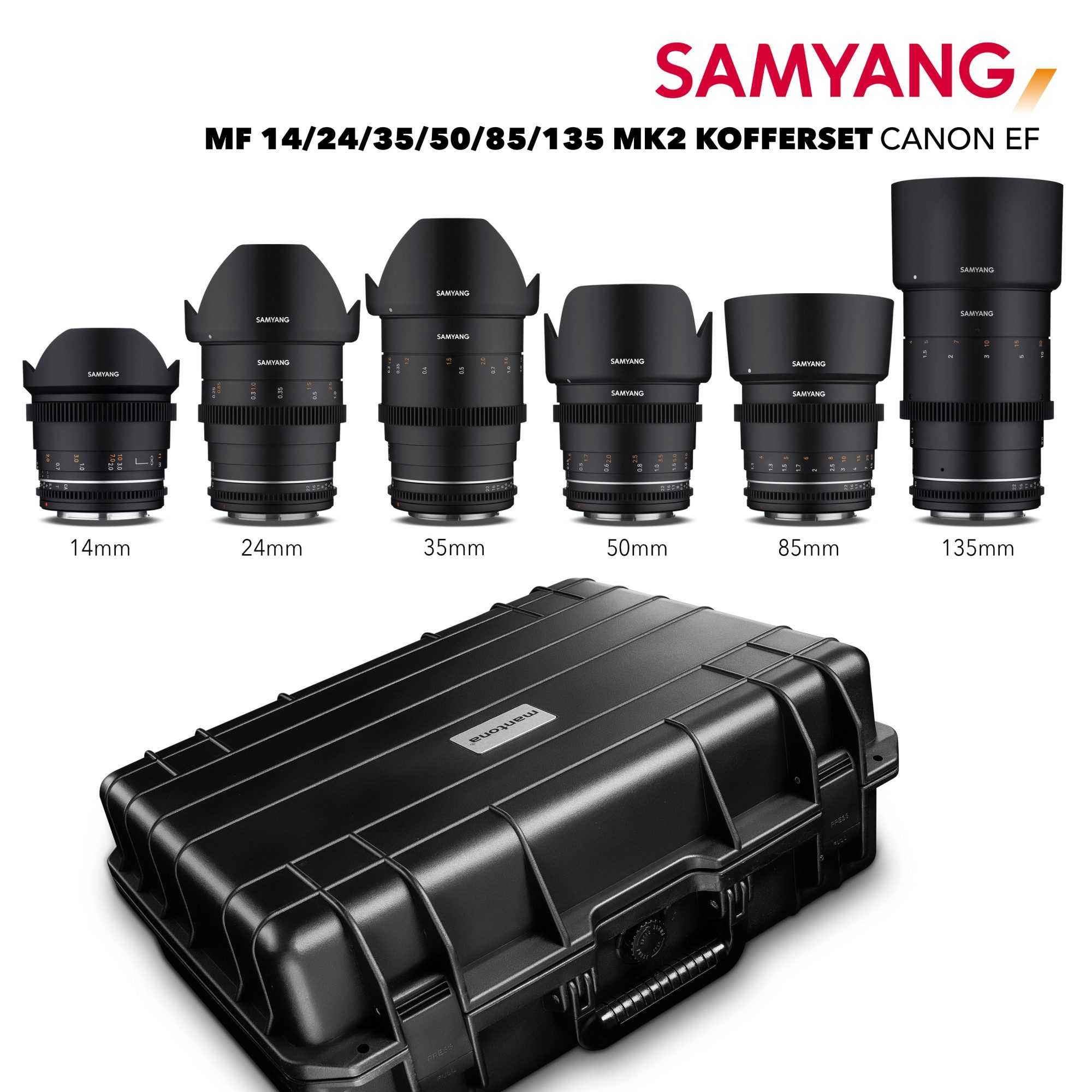 Samyang MF 14/24/35/50/85/135 MK2 VDSLR Kofferset Canon EF Objektiv