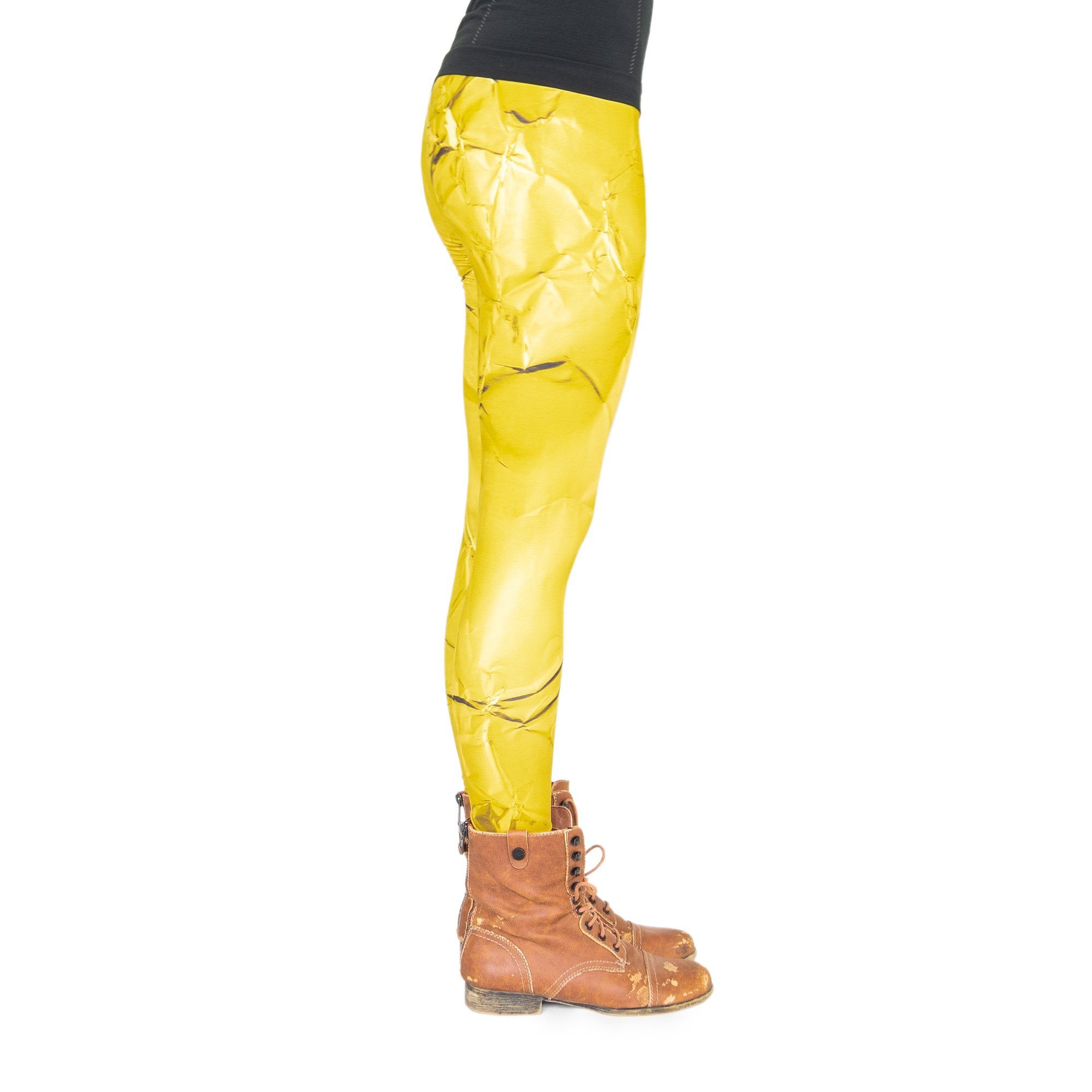 cosey Leggings Bunte Leggings mit auffälligem Motivdruck, 2 Größen (XS–S & M–L) (38/M bis 40/L) Blattgold