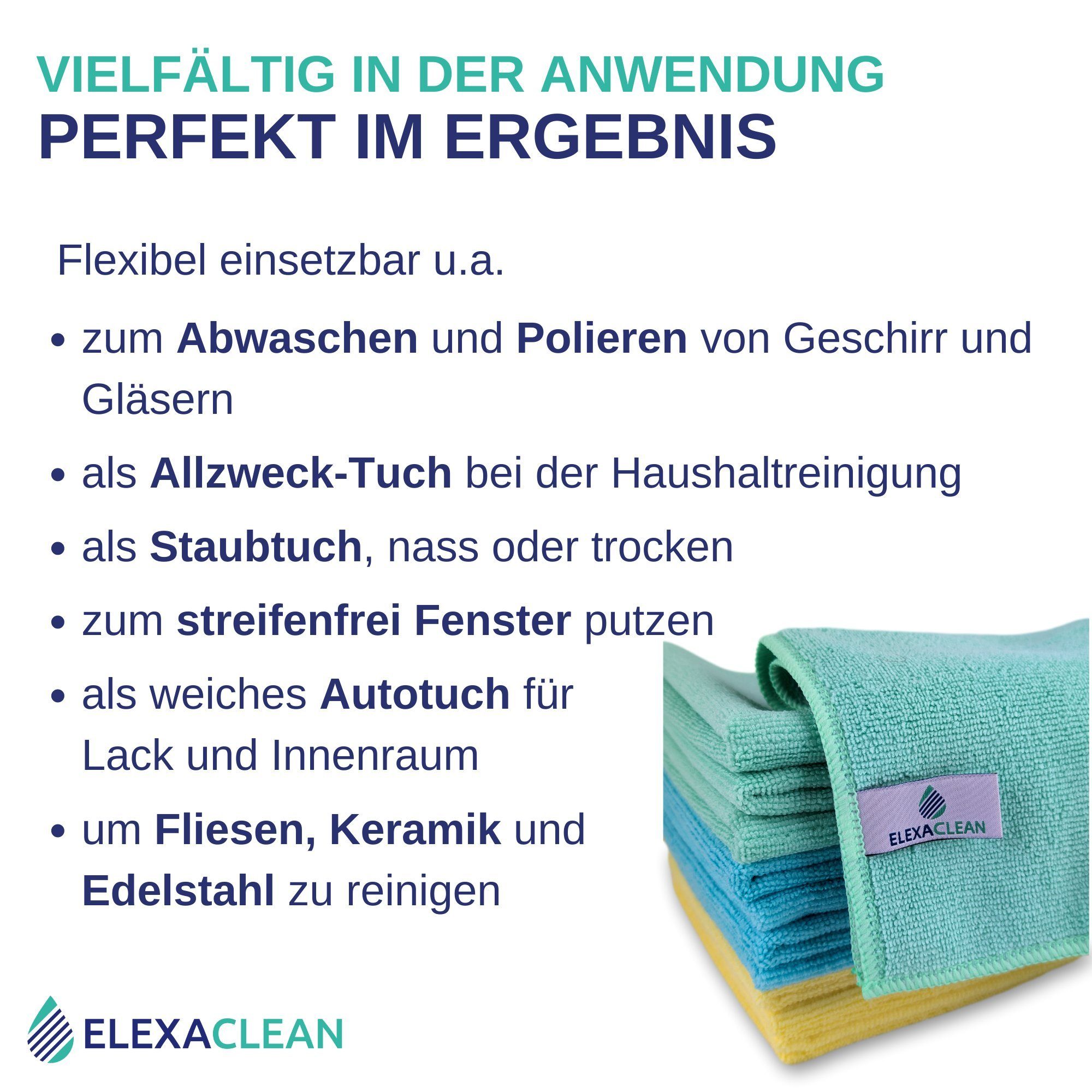 ELEXACLEAN Universal Reinigungstücher Mikrofasertuch (80% Polyester, 20% Polyamid (Mikrofaser), 30x30 cm, Set, 24-tlg., 30x30 cm, fusselfrei, streifenfrei, saugfähig)