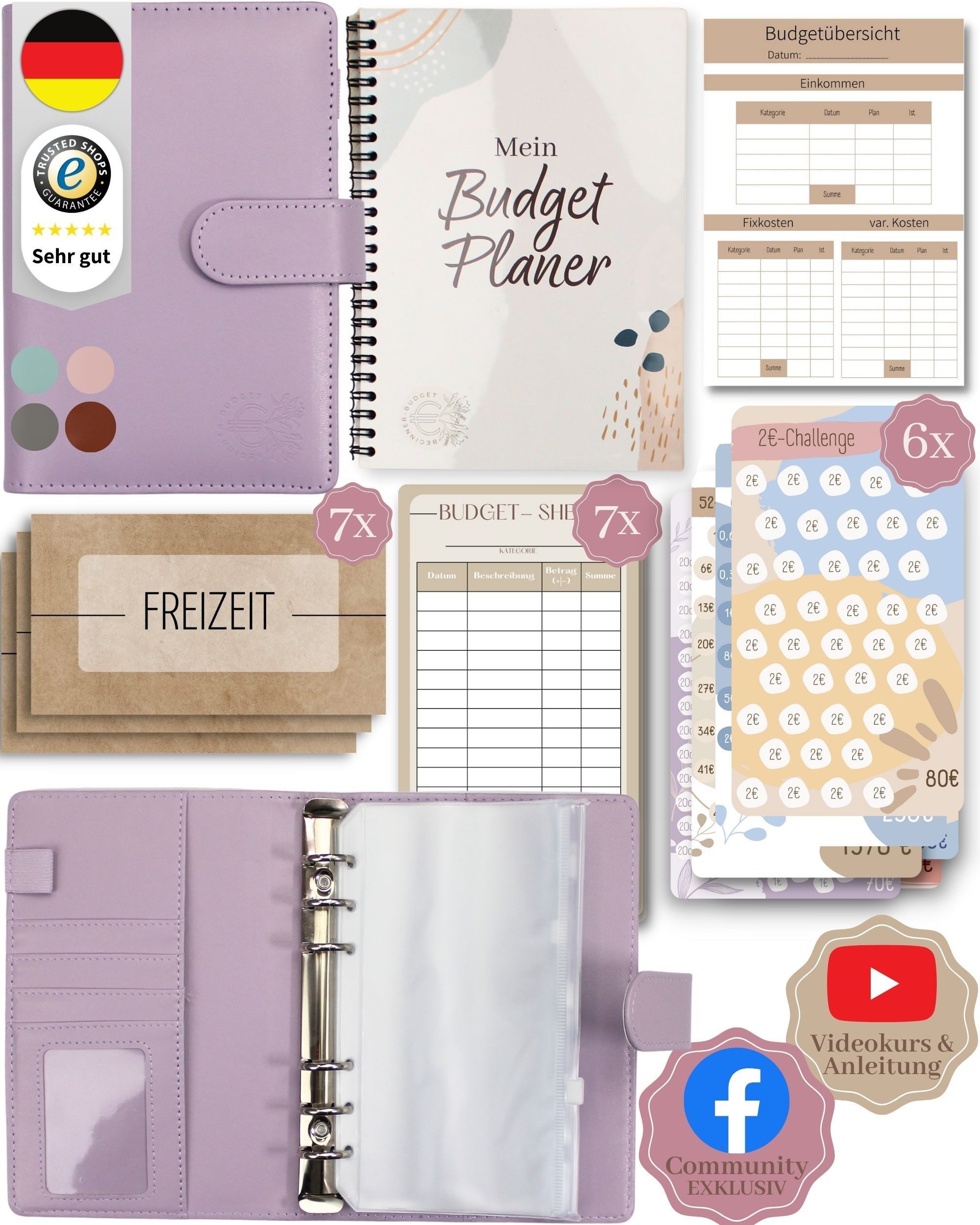 BeginnerBudget Ringbuchkalender Budget Planner & Haushaltsbuch Starter-Set: Sparbuch & Spar-Challenges, Sparen mit Umschlagmethode + Anleitung - Ringbuch - Binder A6
