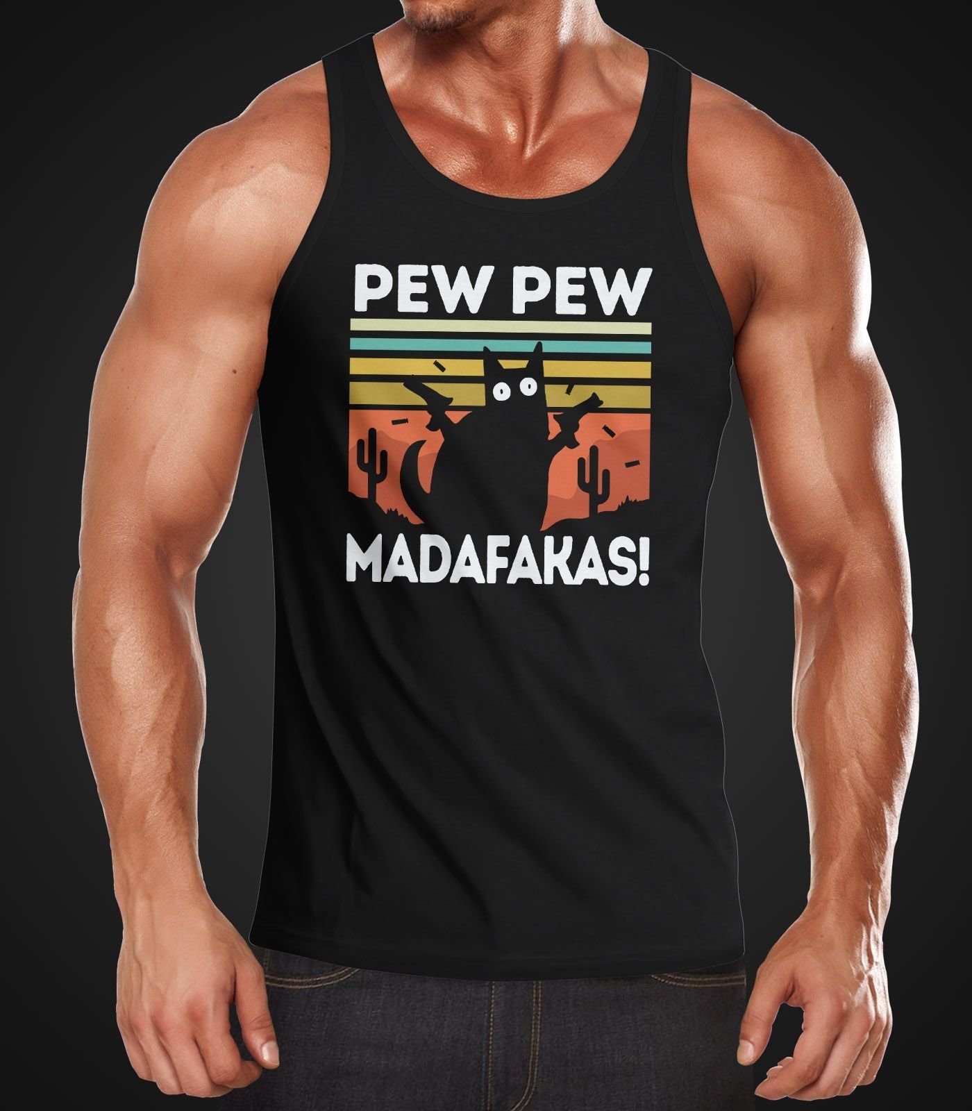 MoonWorks Tanktop Herren Tanktop Pew Pew Madafakas! schwarze Katze Spruch M günstig online kaufen