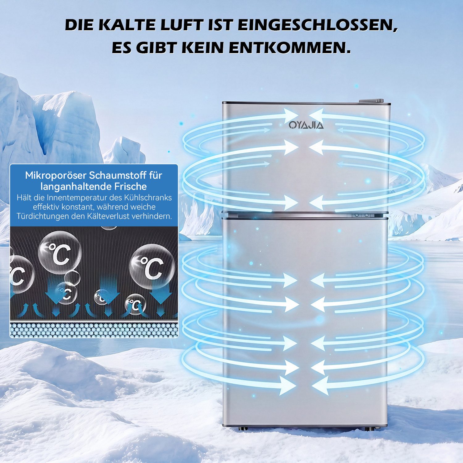 oyajia Kühl-/Gefrierkombination 51L Kühlschrank mit Gefrierfach - Kompakter Zweitürer mit LED-Beleuchtung, 7-Stufigem Thermostat BCD-51K, Extrem Leise und Energieeffizient, ideal für Wohnheimzimmer& Büro