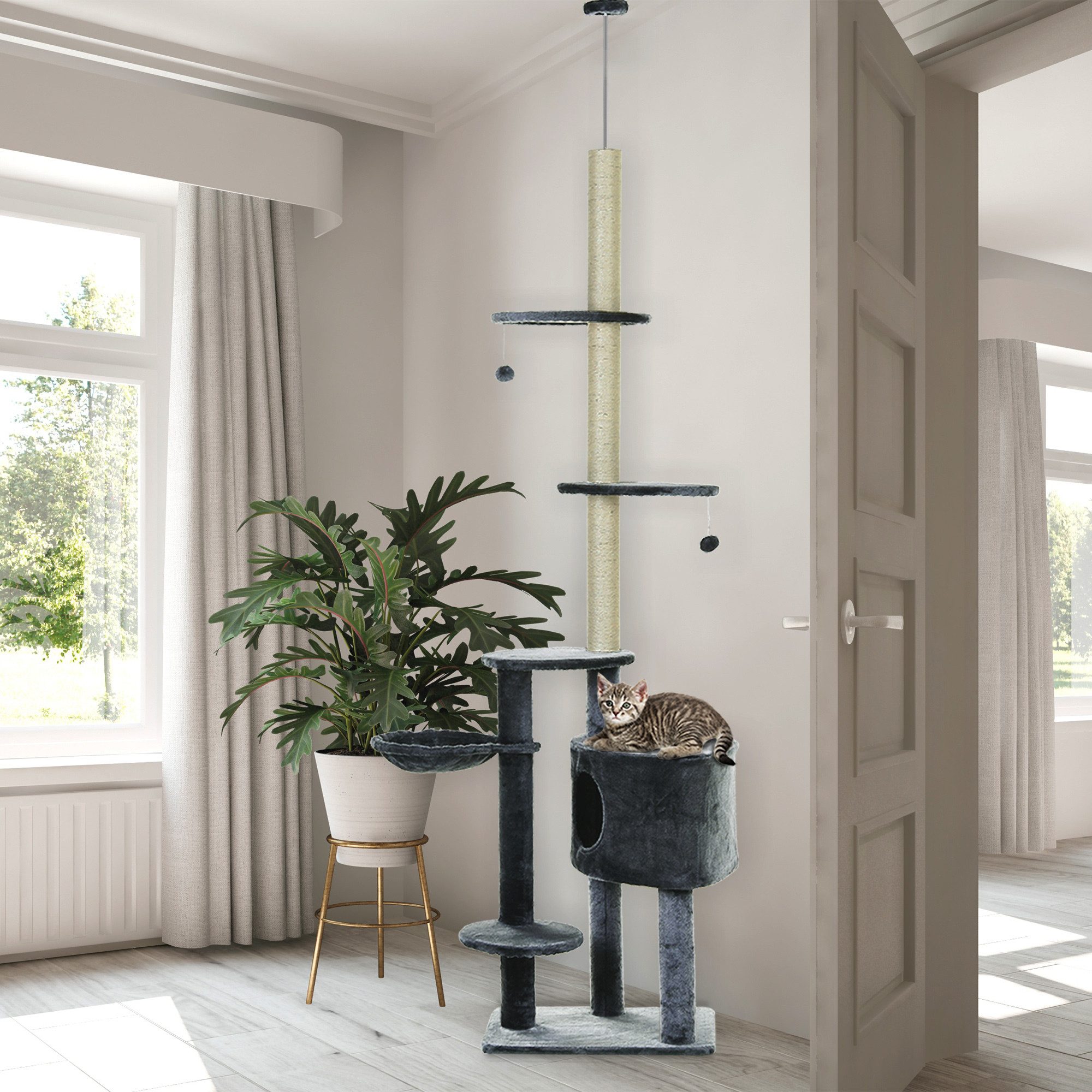 furnicato Kratzbaum Katzenturm Dunkelgrau 220-265 cm für 2-3 Katzen, Kratzbaum mit Deckenbefestigung, 5 Ebenen und stabilen Plattformen