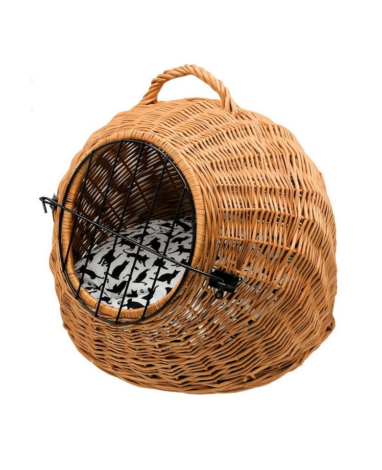 Thumbnail - MyBer® Katzenliege Haustierbett Transportbox Katze Hund Höhle Korb aus Weide braun, Weide geflochten mit Griff Kissen Ha...