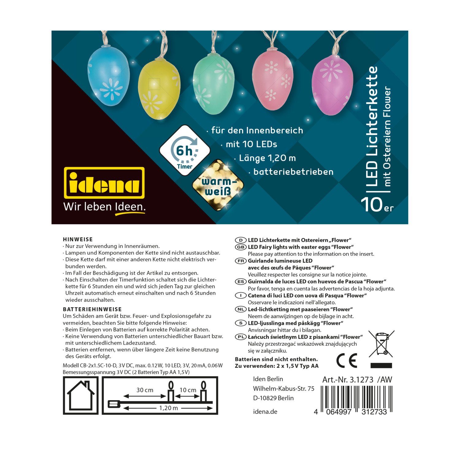 Idena LED-Lichterkette Idena 31273 - LED Lichterkette für Ostern, mit 10 LEDs in Warmweiß