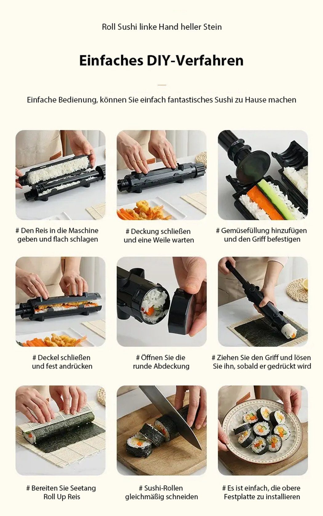 TUABUR Sushi-Roller Sushi-Panzerfaust, Sushi-Zubereitungsset, Anfänger für Weiß Sushi-Rollen