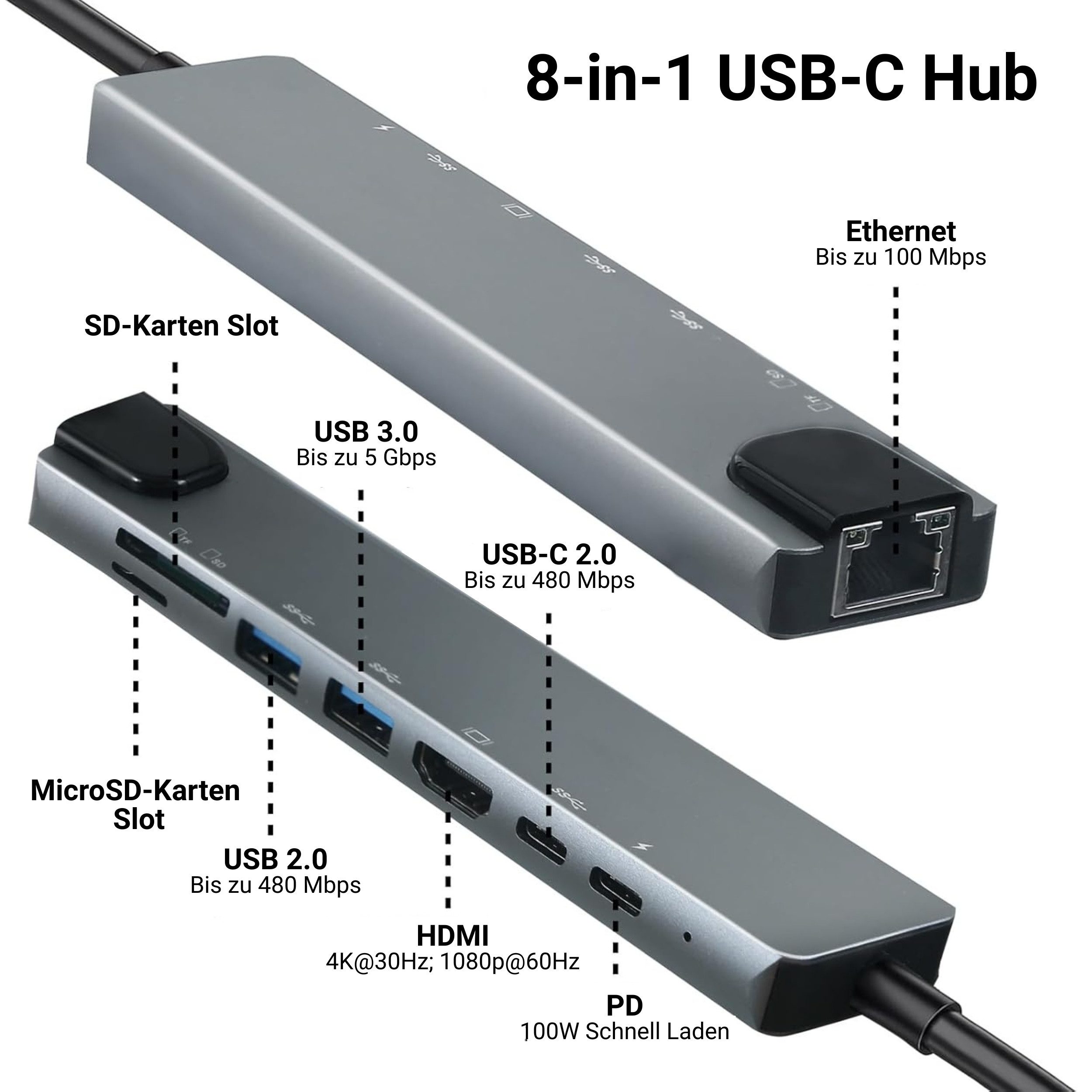 PlugUp Laptop-Dockingstation USB-C Multiport 8 in 1 Adapter 4K HDMI LAN USB 3.1 USB-C microSD & SD, Universell kompatibel mit macOS, Windows und Linux