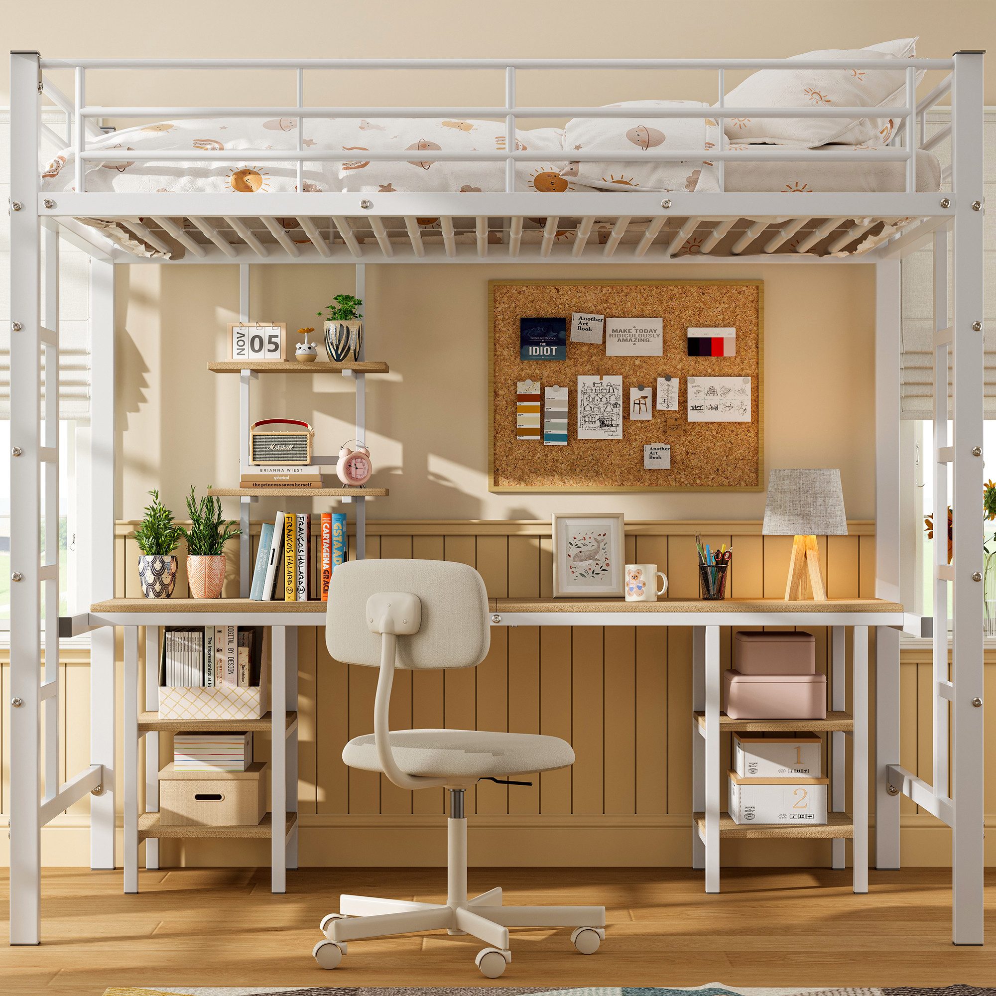 Merax bunk bed with desk and 3 bookshelves, iron bed, loft bed 90x200cm