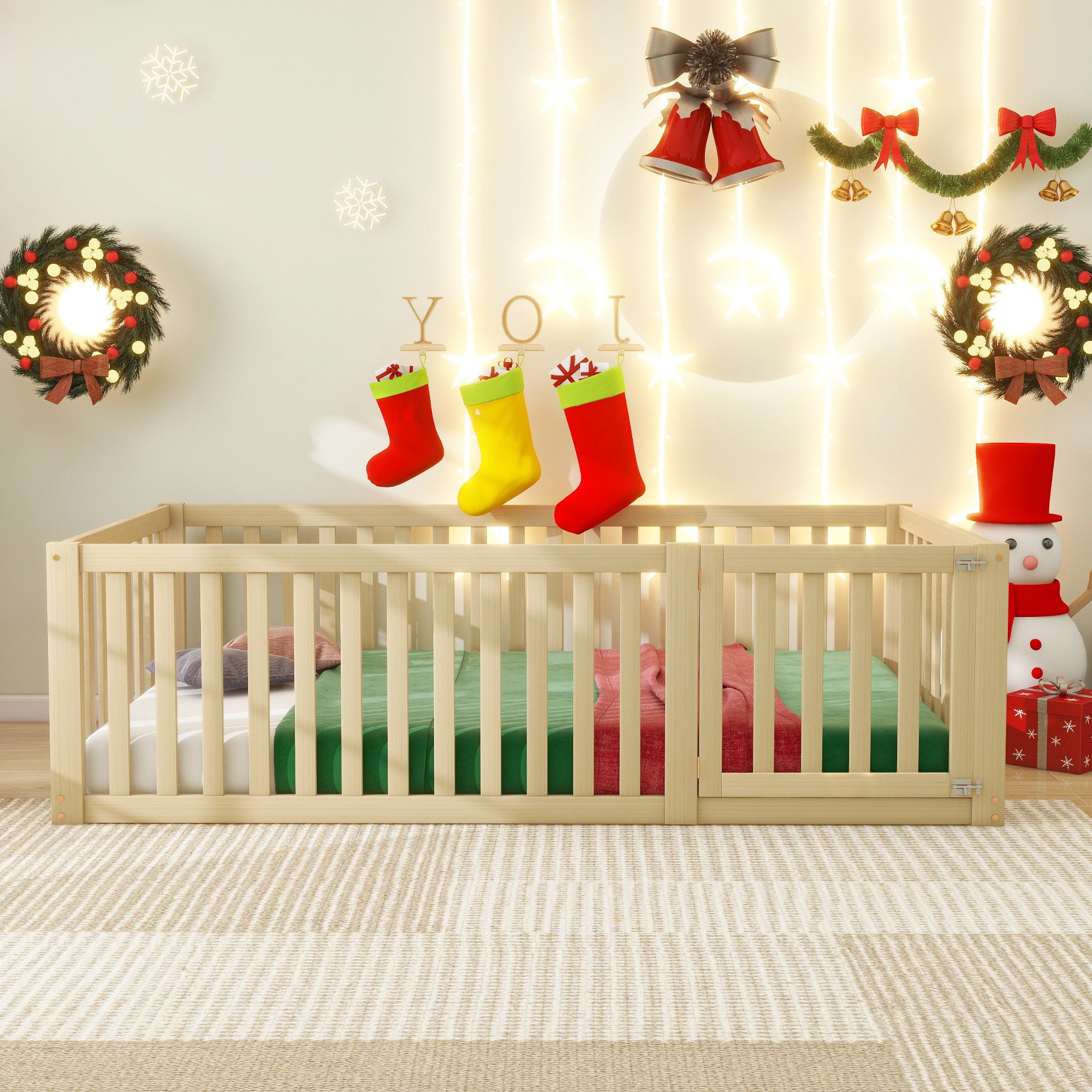 Rutaqian Einzelbett Kinderbett Bodenbett Einzelbett 90 x 200 cm, (1-tlg), Holzboden Bettrahmen mit Zaun und Tür