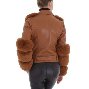 Ital-Design Lederimitatjacke Damen Freizeit Dekofell Gefüttert Bikerjacke in Camel