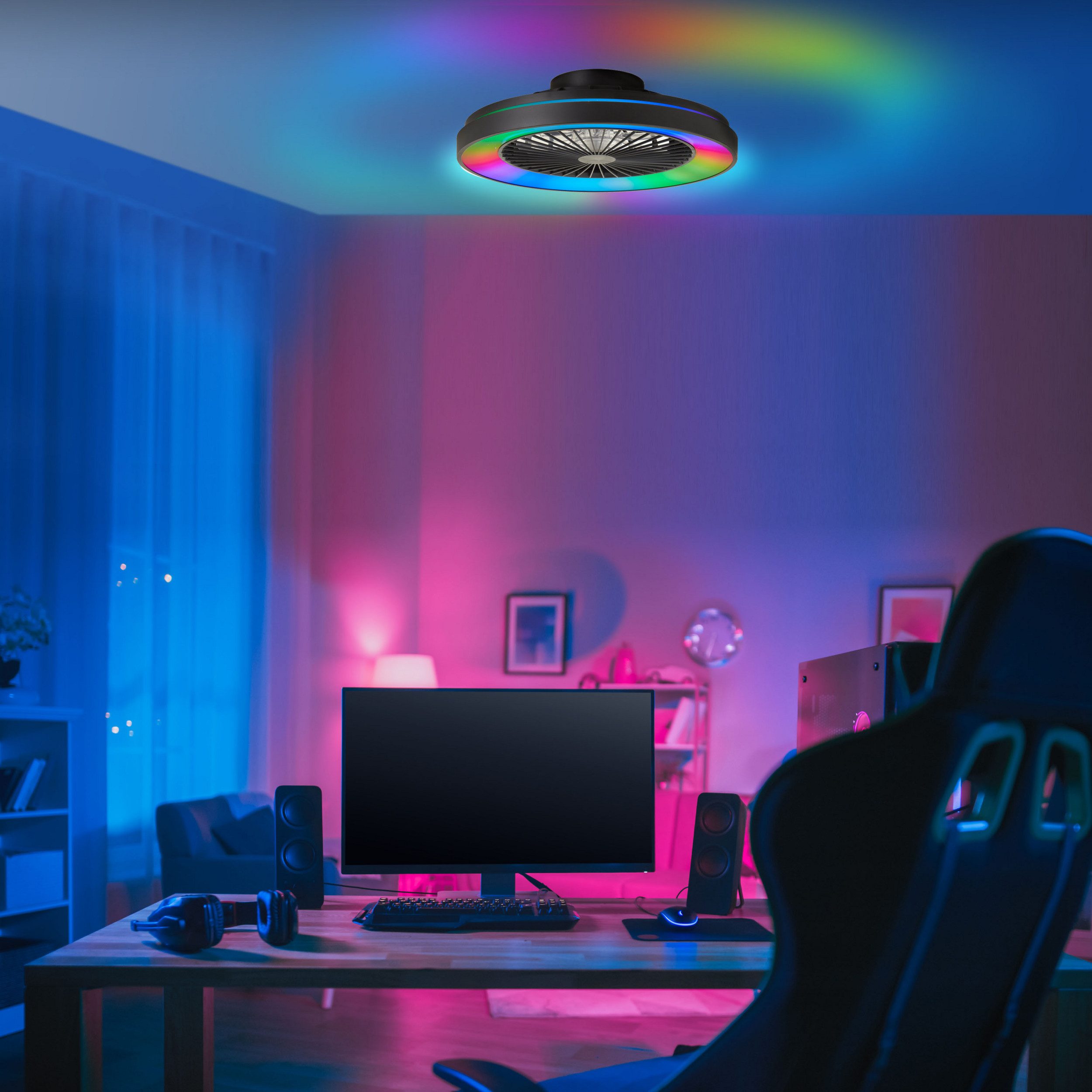 Lightbox Deckenleuchte, CCT - über Fernbedienung, LED fest integriert, warmweiß - kaltweiß, LED Deckenlampe mit Ventilator, 48,5 cm, digitales RGB, CCT, dimmbar