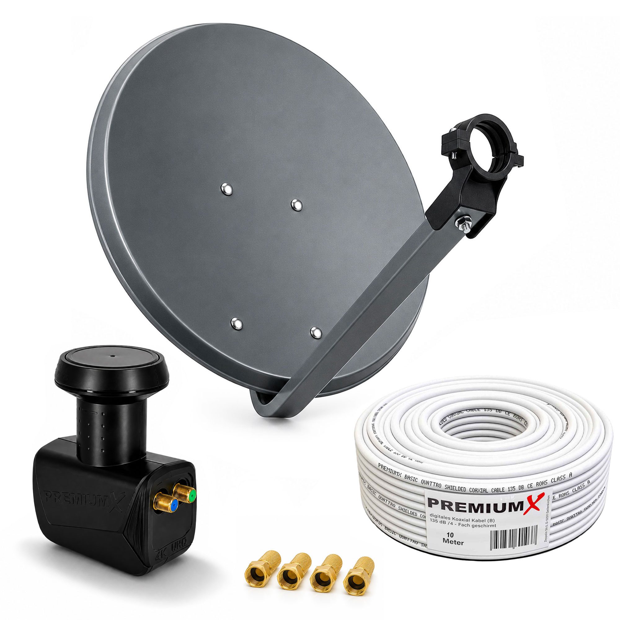 PremiumX Satelliten-Komplettanlage 45cm Antenne Twin LNB 10m Kabel 4x F-Stecker SAT-Antenne