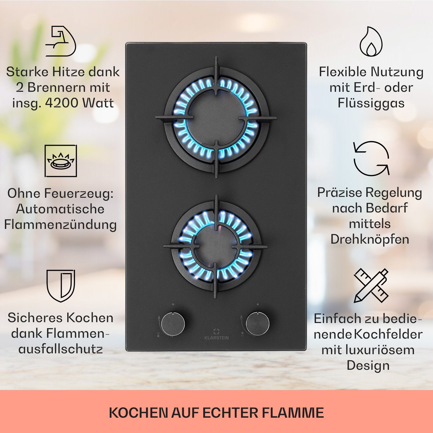 Klarstein Gas-Kochfeld Firetale gas hob, 2 flammen brenner Kochfelder Gaskochfelder