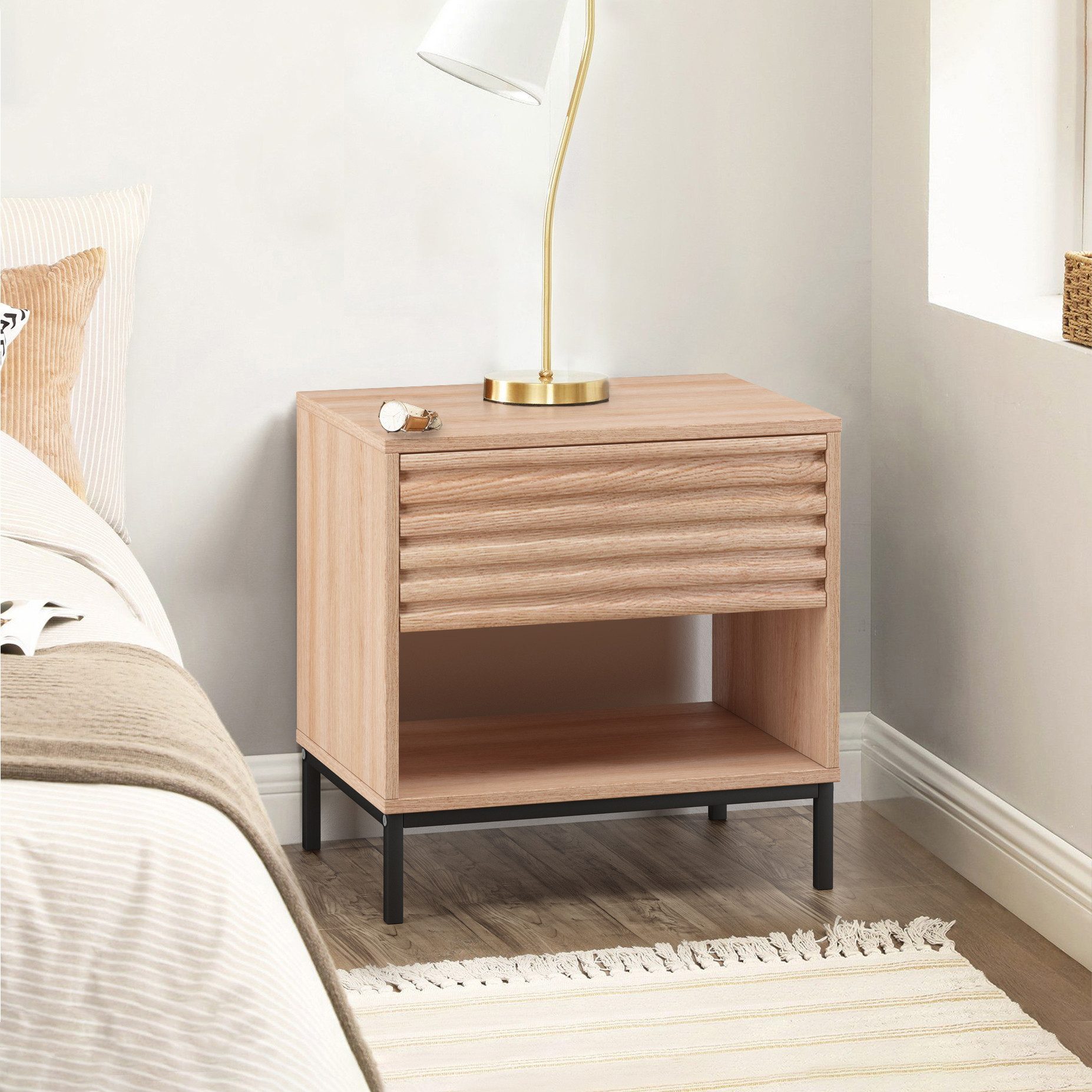 loft24 Nachtschrank Cecilie Nachttisch mit Schublade, Nachtkommode, modern, Metallgestell