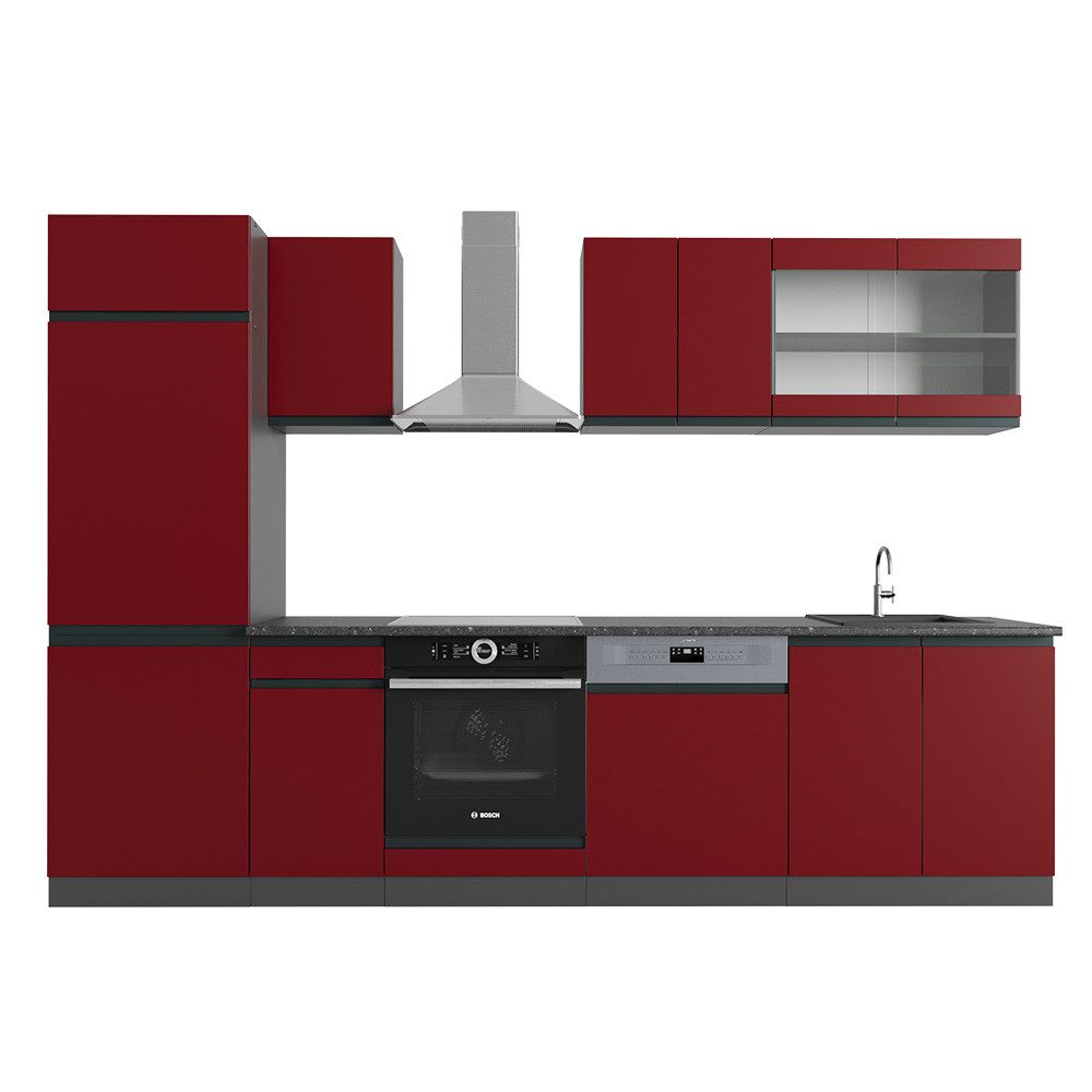 Vicco Küchenzeile R-Line, Rot/Anthrazit, 300 cm J-Shape