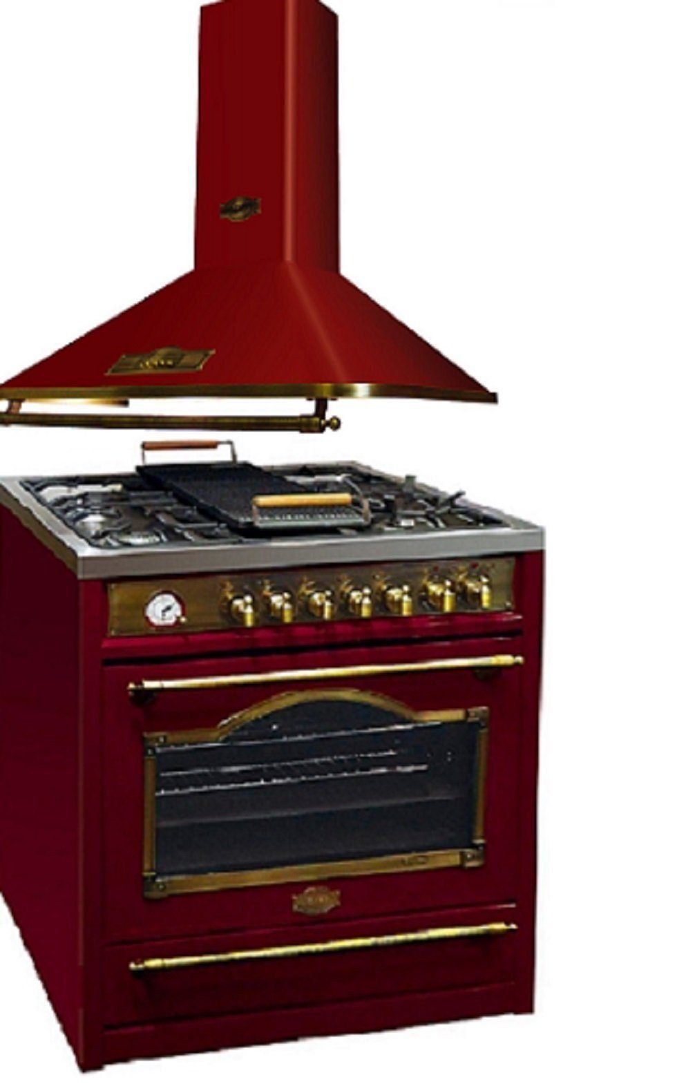 Kaiser Küchengeräte Gas-Standherd Retro Gasherd mit XXL Elektrobackofen 115L, Heißluftsystem, Infrarotgrill, Drehspieß+Dunstabzugshaube 90 cm HGE 93555 RotEm+A 9315 RotEm.., mit 2-fach-Teleskopauszug, Katalytische Selbstreinigung, Gaskochfeld aus Edelstahl, Wokbrenner 4,5 kW, Wandhaube 910 m³/h