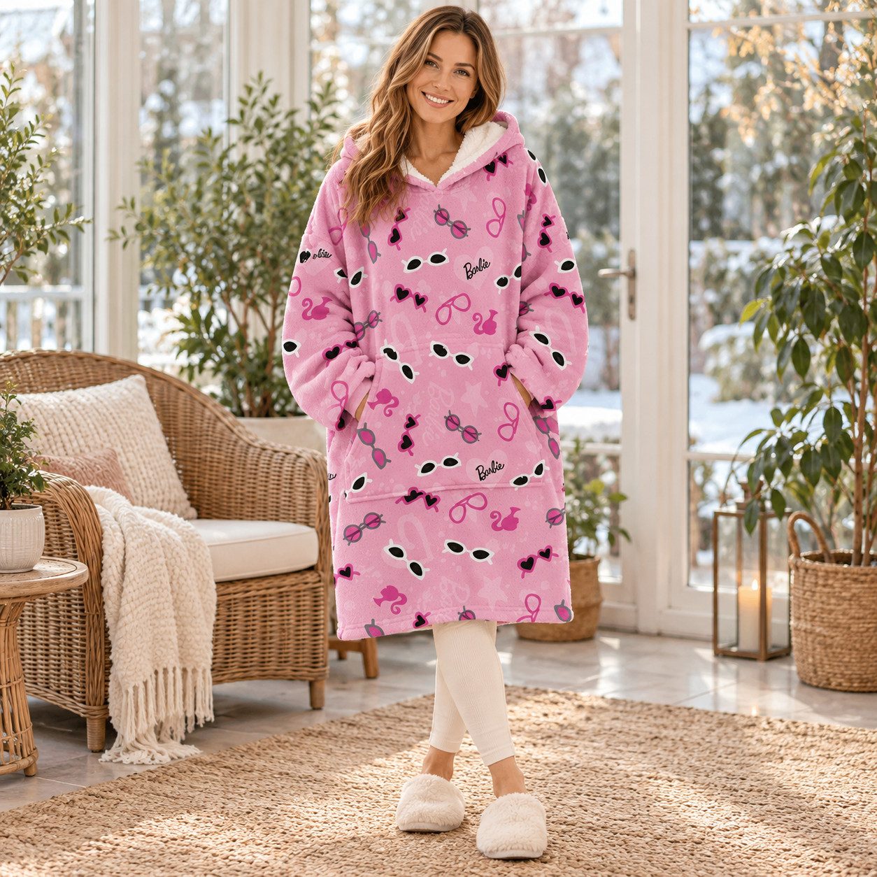 Barbie Sweatponcho Barbie Kuschelponcho Kuscheldecke mit Ärmeln Kapuze Tasche XS-L – Bild 4 von 4