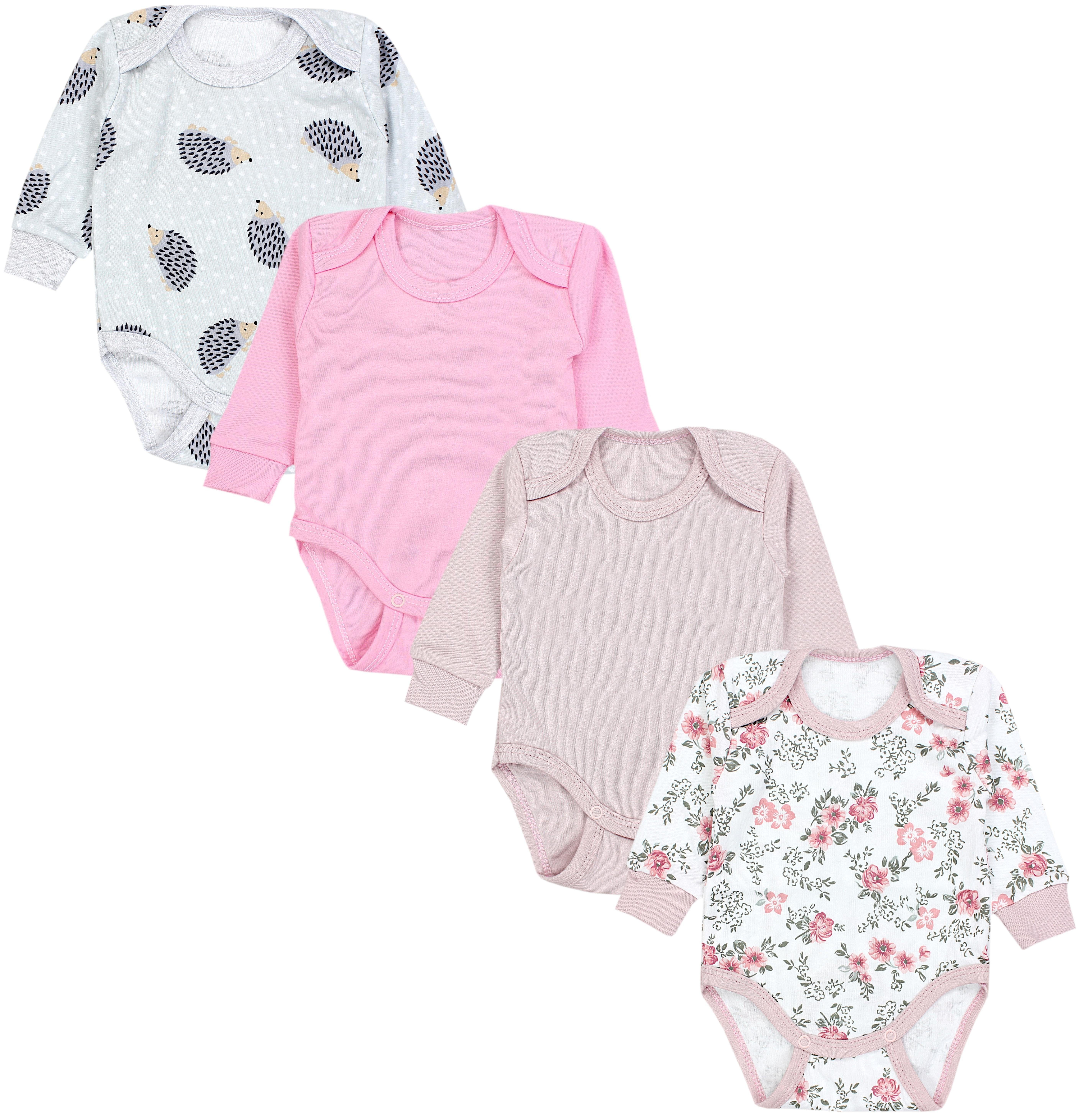 TupTam Langarmbody TupTam Baby Mädchen Langarmbody Mitwachsbody Babybody 4er Pack Igelchen Blumen Rosa Altrosa