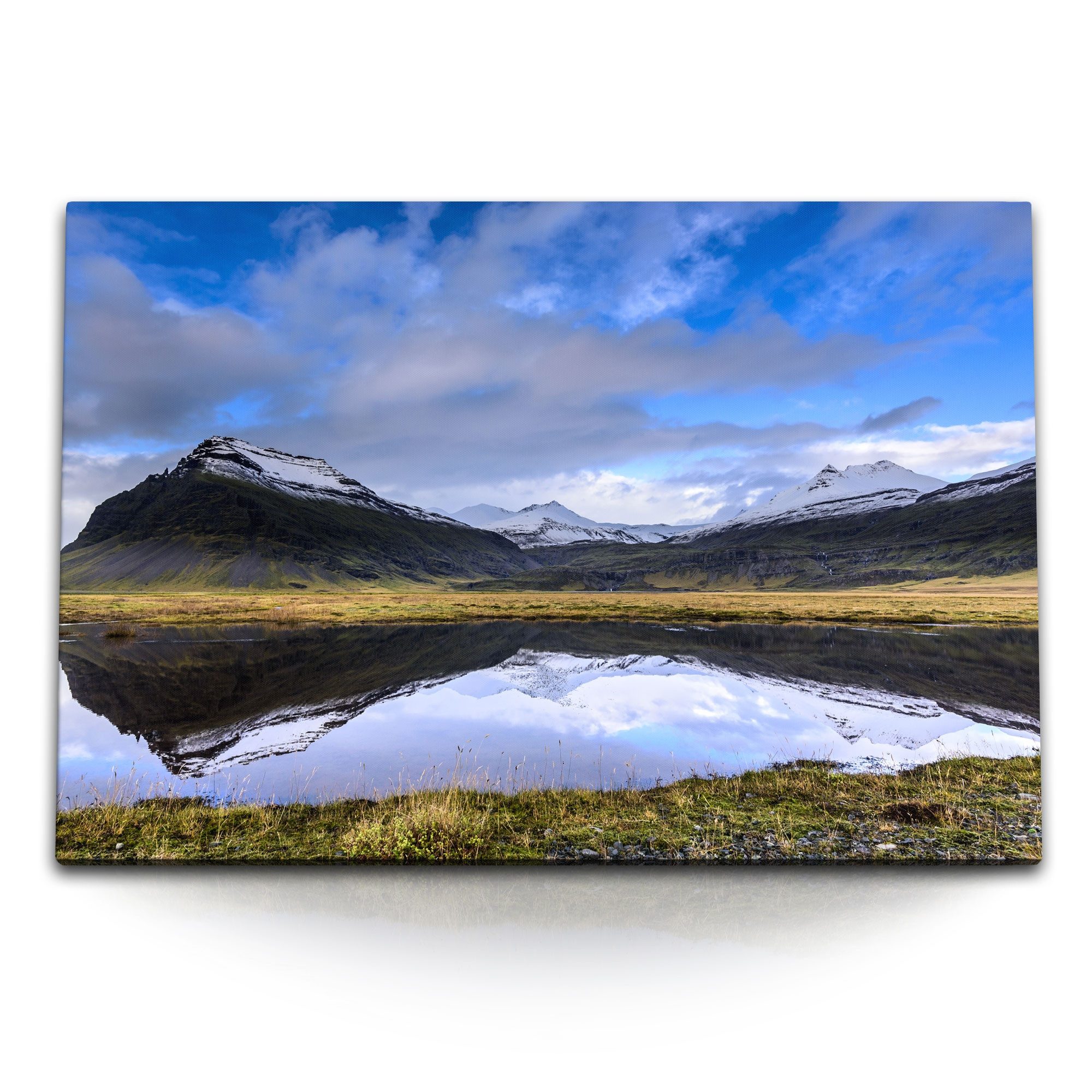 Leinwandbild 120x80cm Wandbild auf Leinwand Natur Berge See Island Schneegipfel