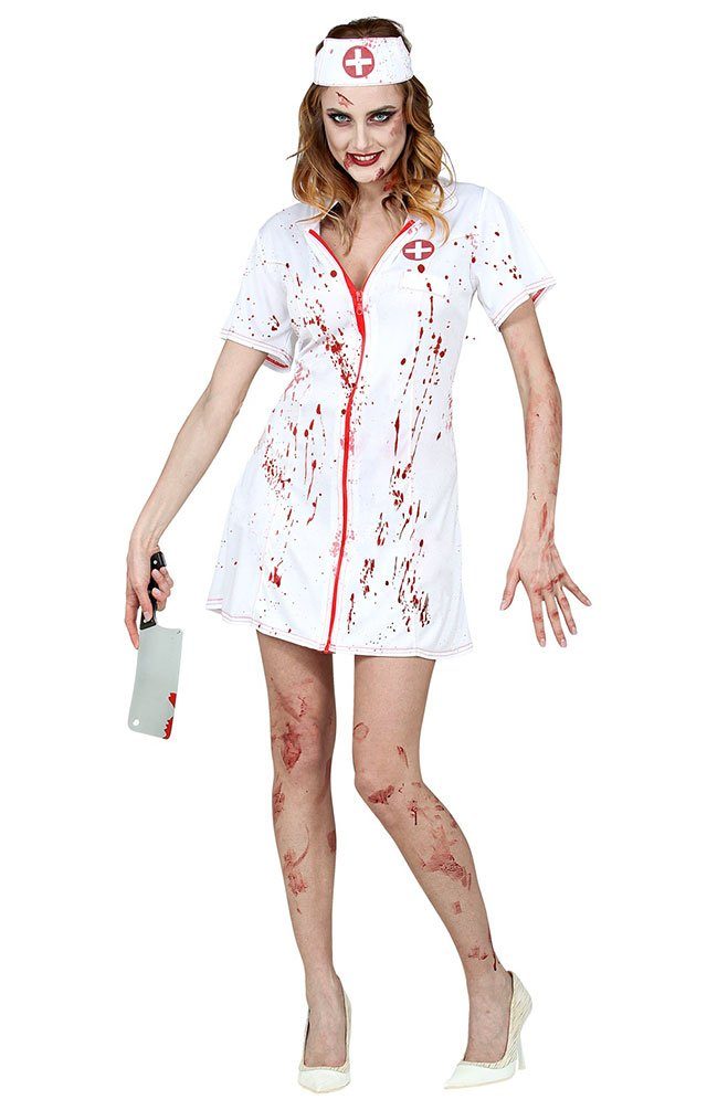 Karneval-Klamotten Zombie-Kostüm Blutige Horror Krankenschwester Kostüm Damen, Frauenkostüm Halloween, weißes Kleid mit Haube und Blutflecken