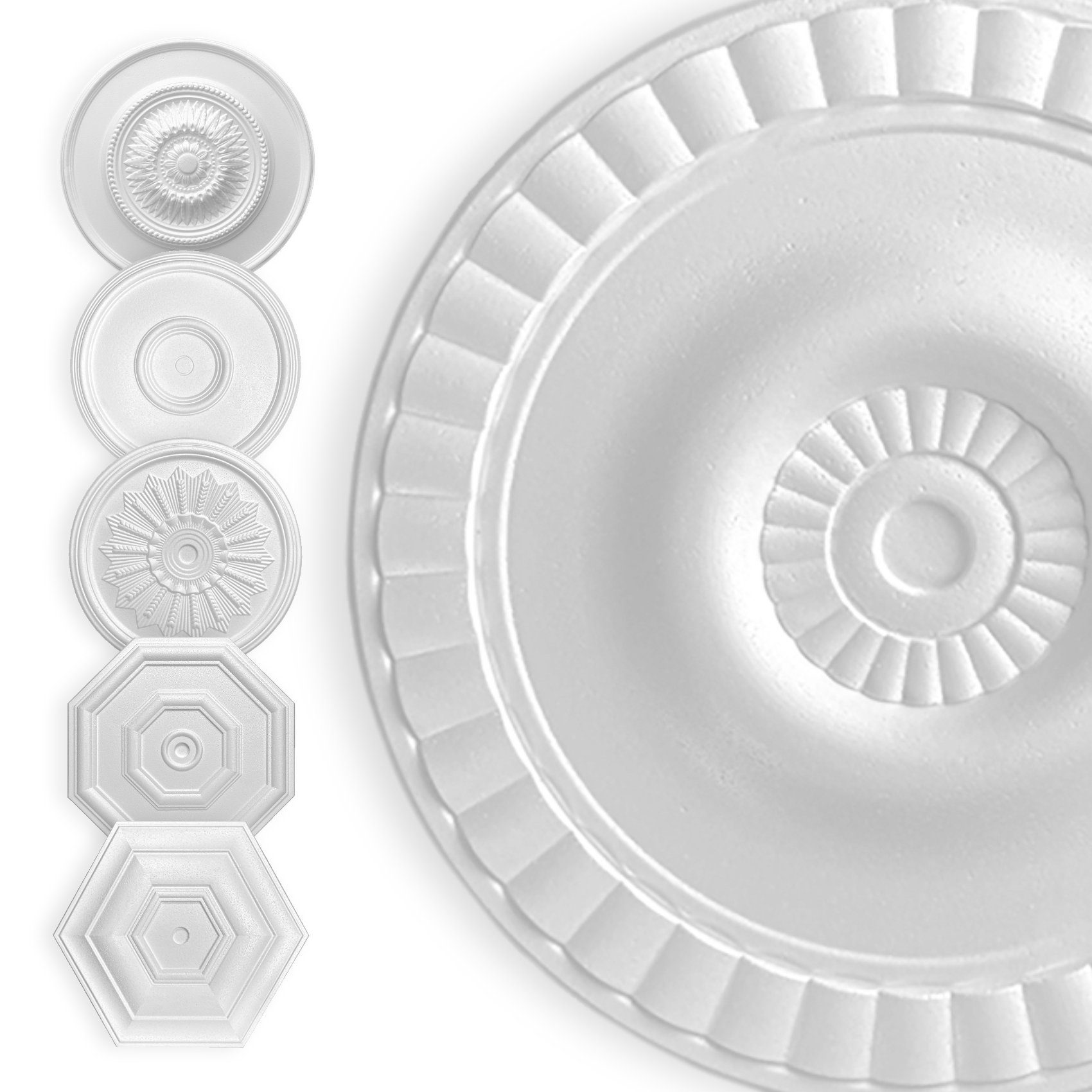 Hexim Decken-Rosette (HEXIM Stuckrosette aus EPS Styropor weiß - Deckenrosette weiß, Zierelement, Stuck (Hexim) Wanddeko Wohnzimmer Decke Polystyrol)