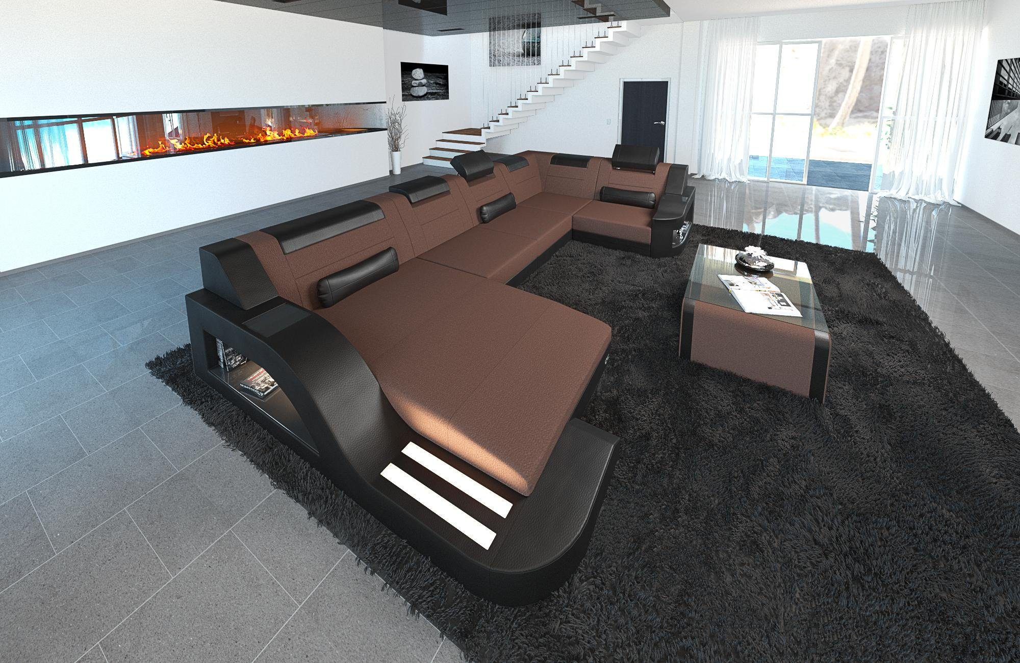 Sofa Dreams Wohnlandschaft Stoffsofa Couch Stoff Polster Palermo U Form Sofa, mit LED, ausziehbare Bettfunktion, USB-Anschluss, Designersofa