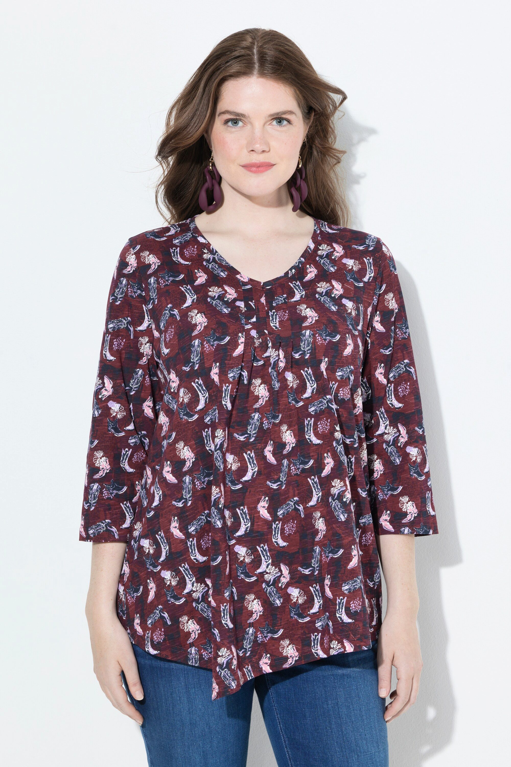Ulla Popken T-Shirt Shirt Blüten Zierfalten A-Linie V-Ausschnitt günstig online kaufen