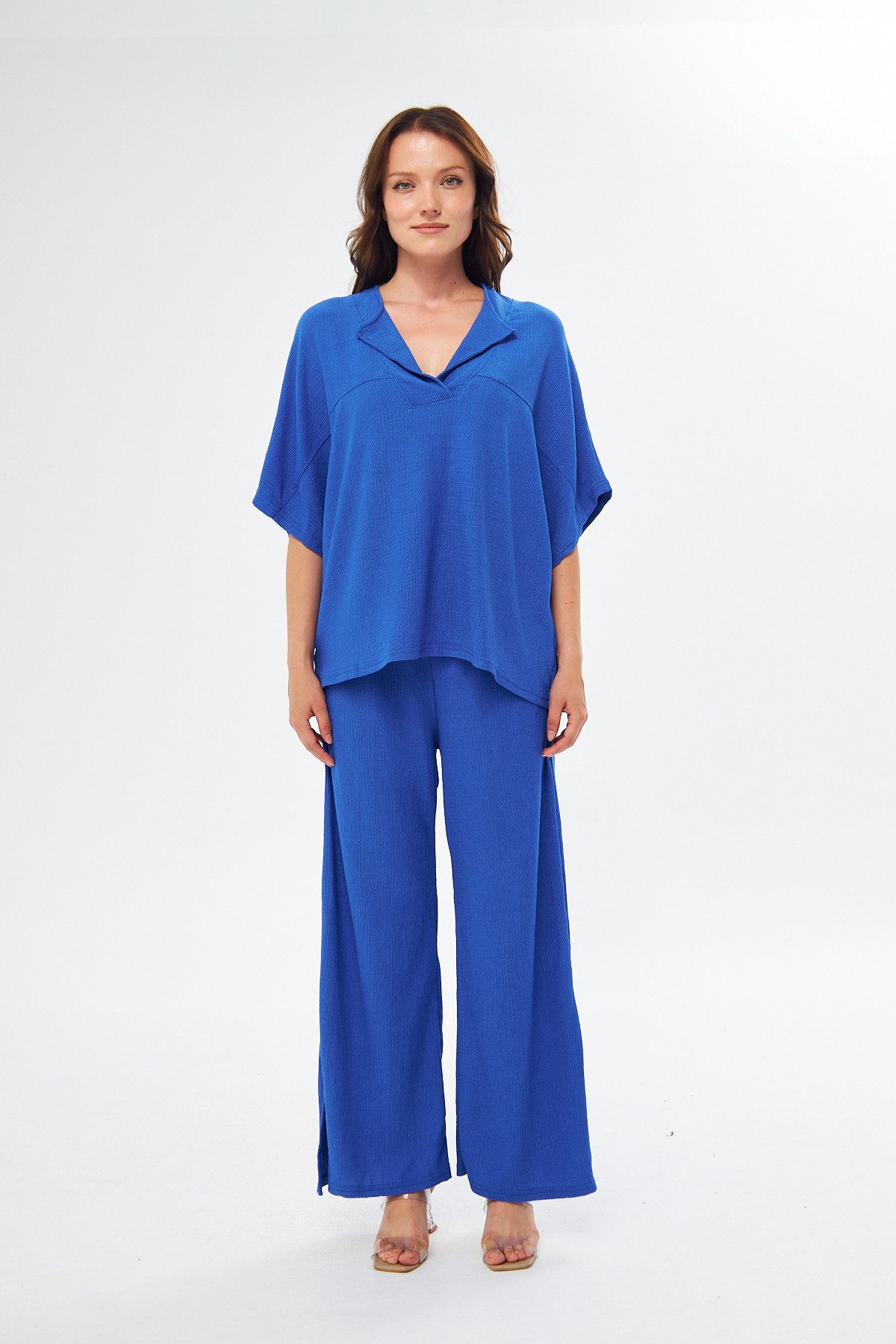 Blusentop Zweiteiliges Set aus Bluse und Hose mit V-Ausschnitt in Übergröße