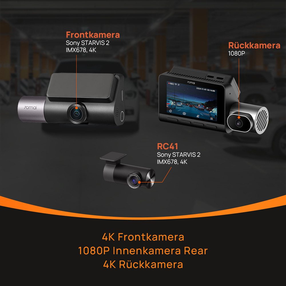 70mai T800-41 3-Kanal 4K + 4K +1080P Dashcam (4K Ultra HD, Dashcam Auto Vorne Hinten Innen mit 512GB SD Karte)