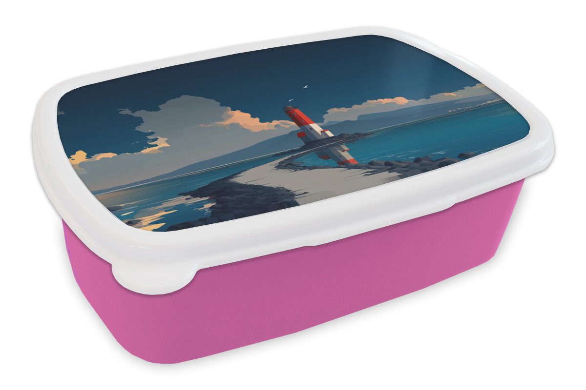 MuchoWow Lunchbox Leuchtturm - Meer - Wolken, Kunststoff, (2-tlg), Brotdosen, Lunch Box, Brotbox für Kinder und Erwachsene