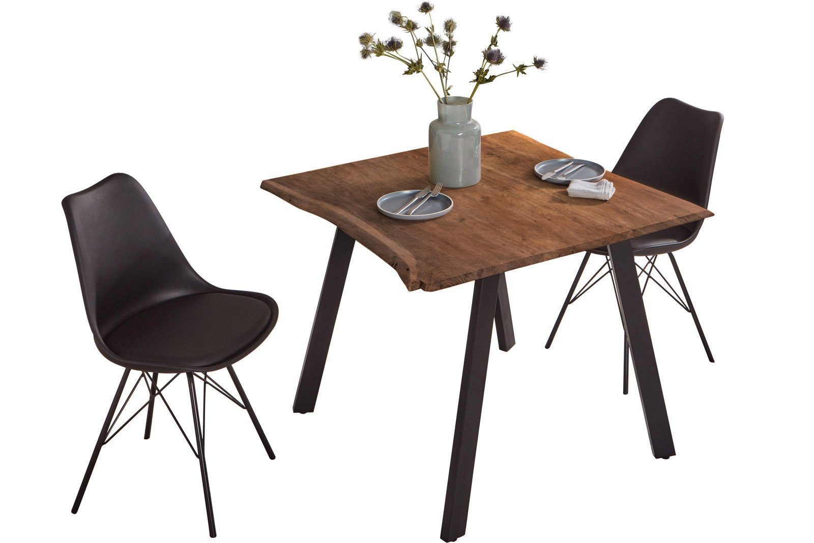 SAM® Essgruppe Gadwal, Akazienholz, nussbaumfarben, Baumkante, Metallbeine + 2 Stühle schwarz