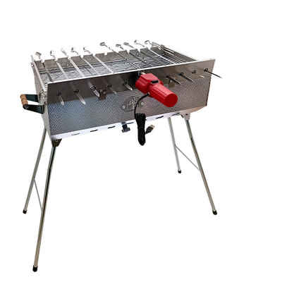 Grillpeter Holzkohlegrill Mangal Set Taschkent Schaschlikgrill mit 11er Drehspieß Spieße Motor