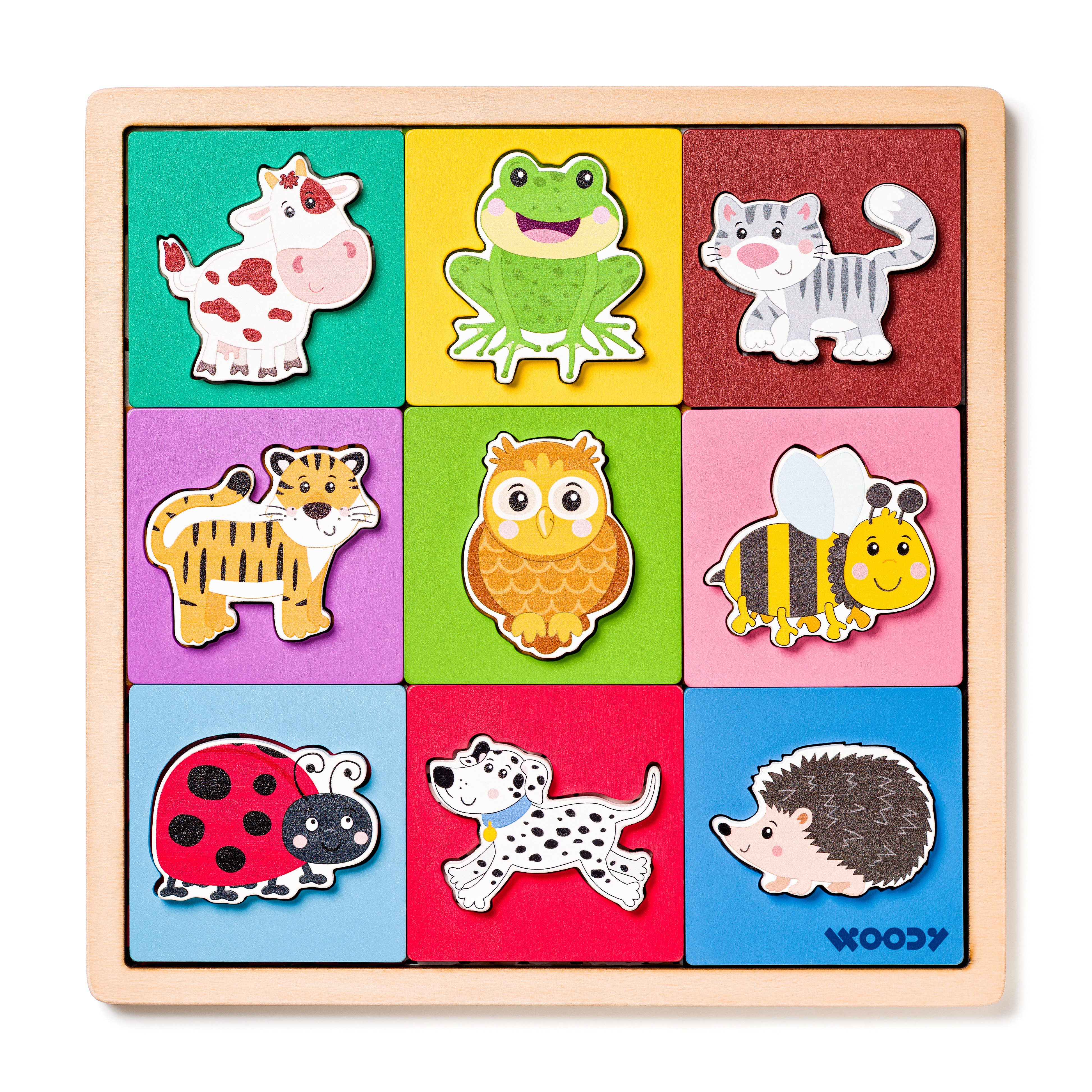 Woodyland Puzzle 91966 Holzlegepuzzle "Tiere" im Legebrett - finde das Tier zum Rahmen, 9 Puzzleteile, Rahmenteile ins Puzzlebrett puzzeln/Puzzleteile in Rahmenteile puzzeln