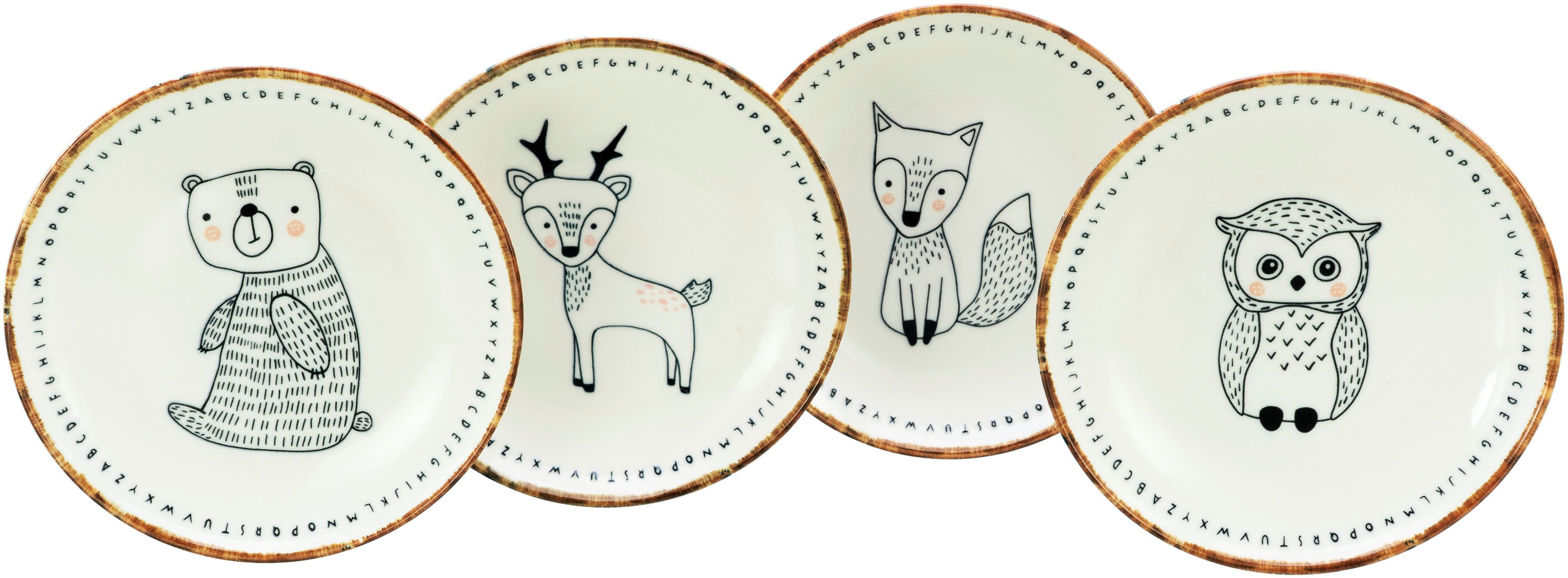 CreaTable Müslischale Freunde des Waldes, Schale 18,5 cm, 4-tlg., Steinzeug, (Set, 4-tlg), Unregelmäßig gefärbter Rand, Unikat