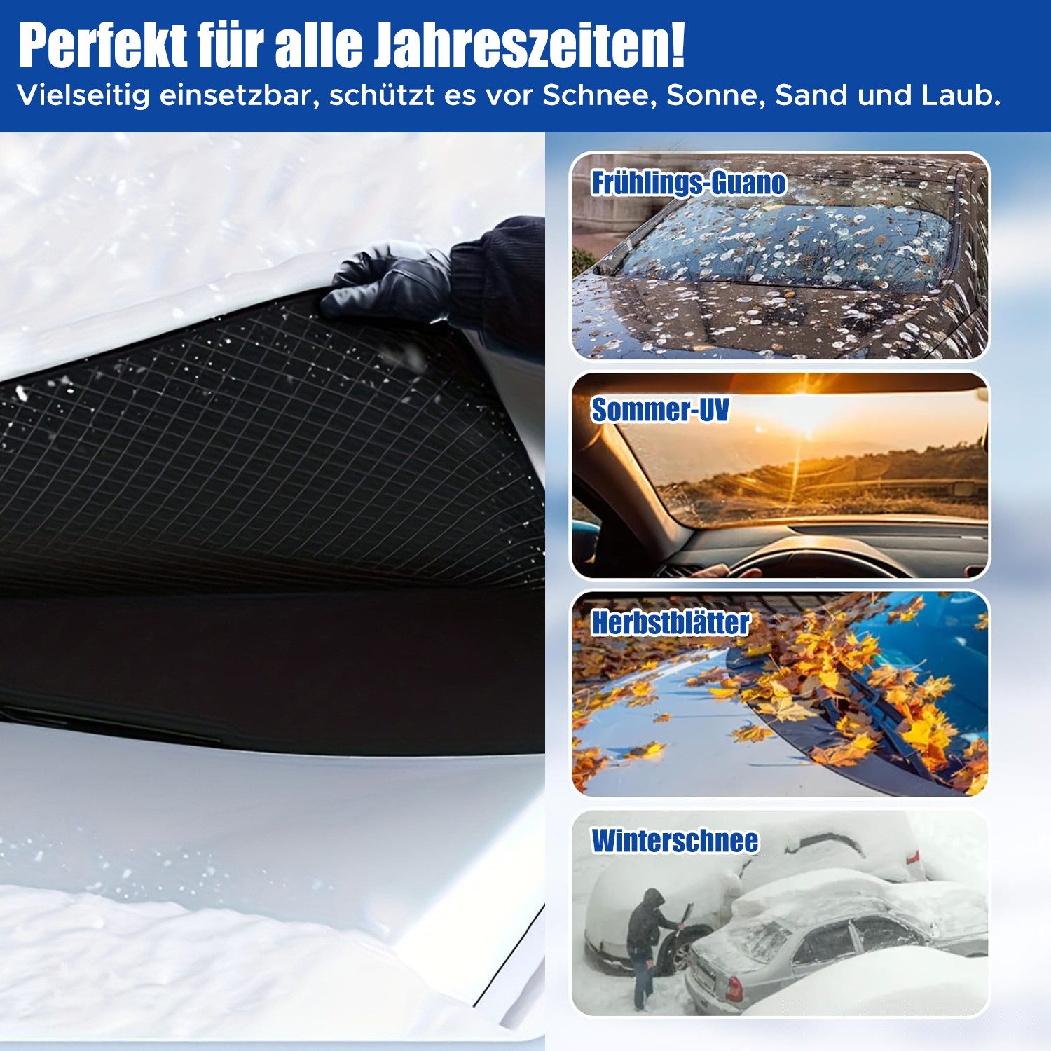 Refttenw Windscreen Cover with 6 Magnets & 4 Straps, Car Cover Winter, Car Cover, 259 x 114.3 cm, for Windscreen & Side Windows & Wing Mirrors & Door Handles