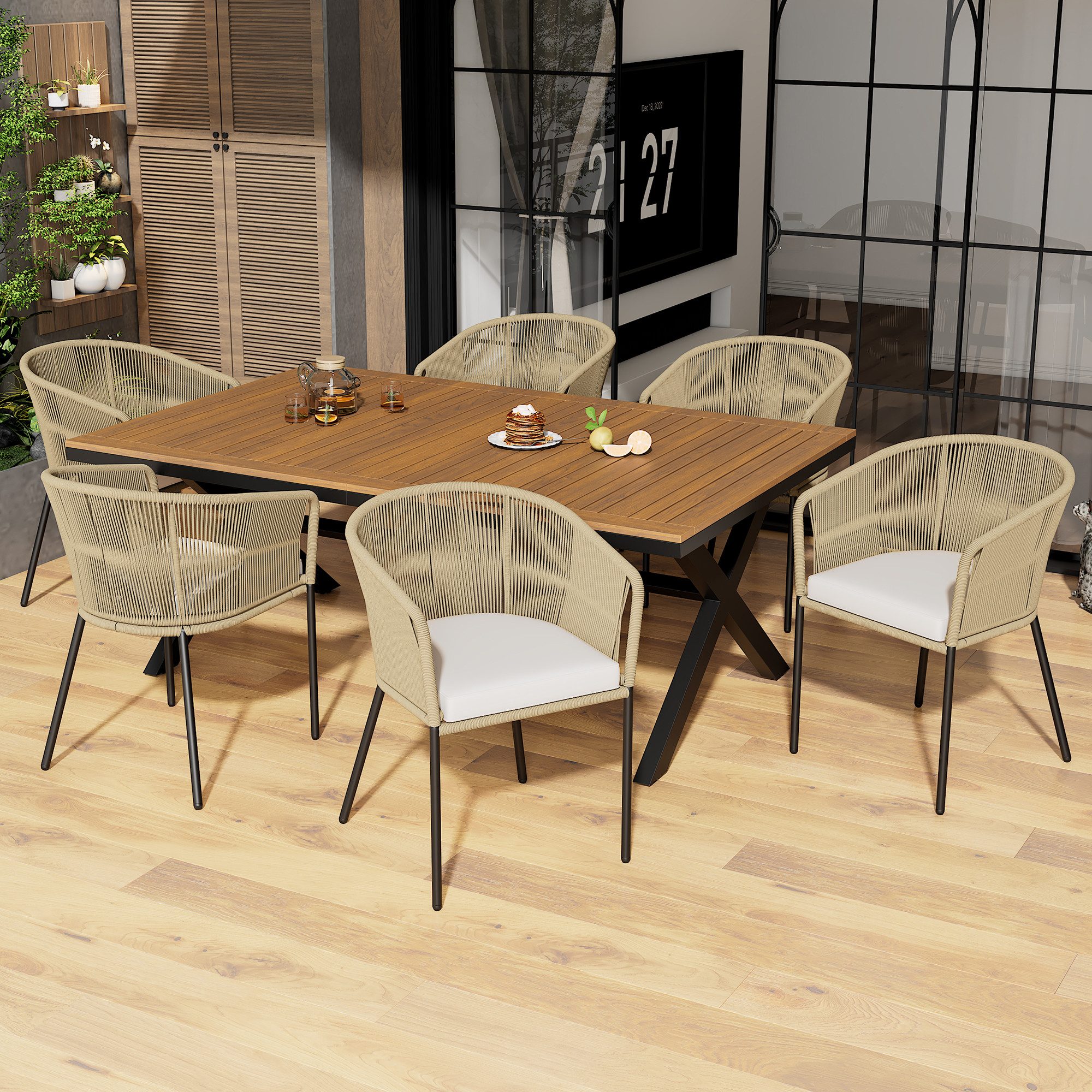 KLAM HOME Garten-Essgruppe Garten-Lounge-Set aus Seil Tisch aus Akazienholz für 2-6 Personen, (7tlg. Set, 6 Sessel und 1 Tisch Mit Fußstütze und 6 Sitzkissen), für Outdoor Balkon Innenhof Dinnerpartys und Gespräche