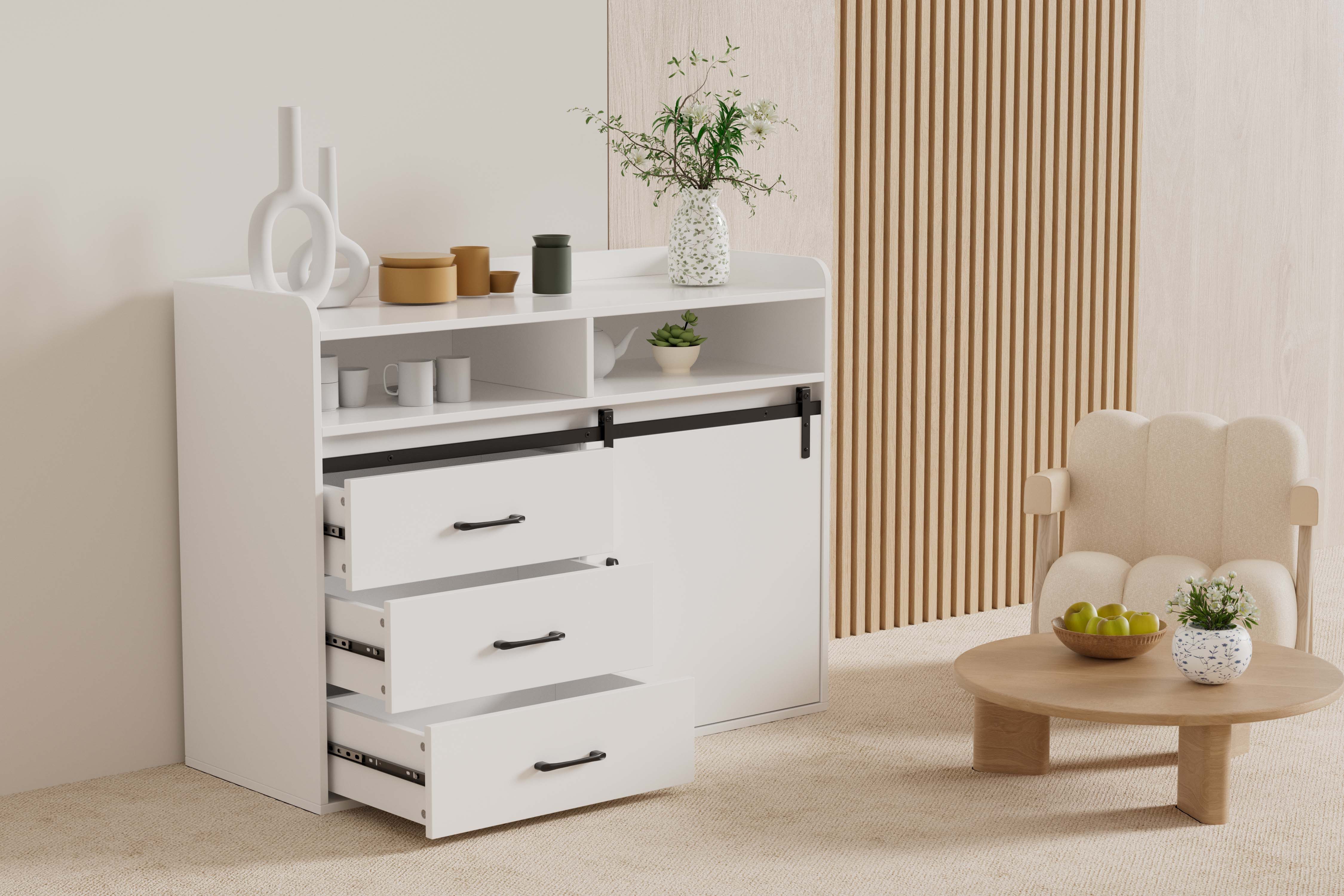 HOMAVO Sideboard HG1 kommode mit Schiebetüren & 4 Schubladen, Retro-Stil (FSC®, viel Stauraum, pflegeleicht), für Wohnzimmer Schlafzimmer Büro Flur